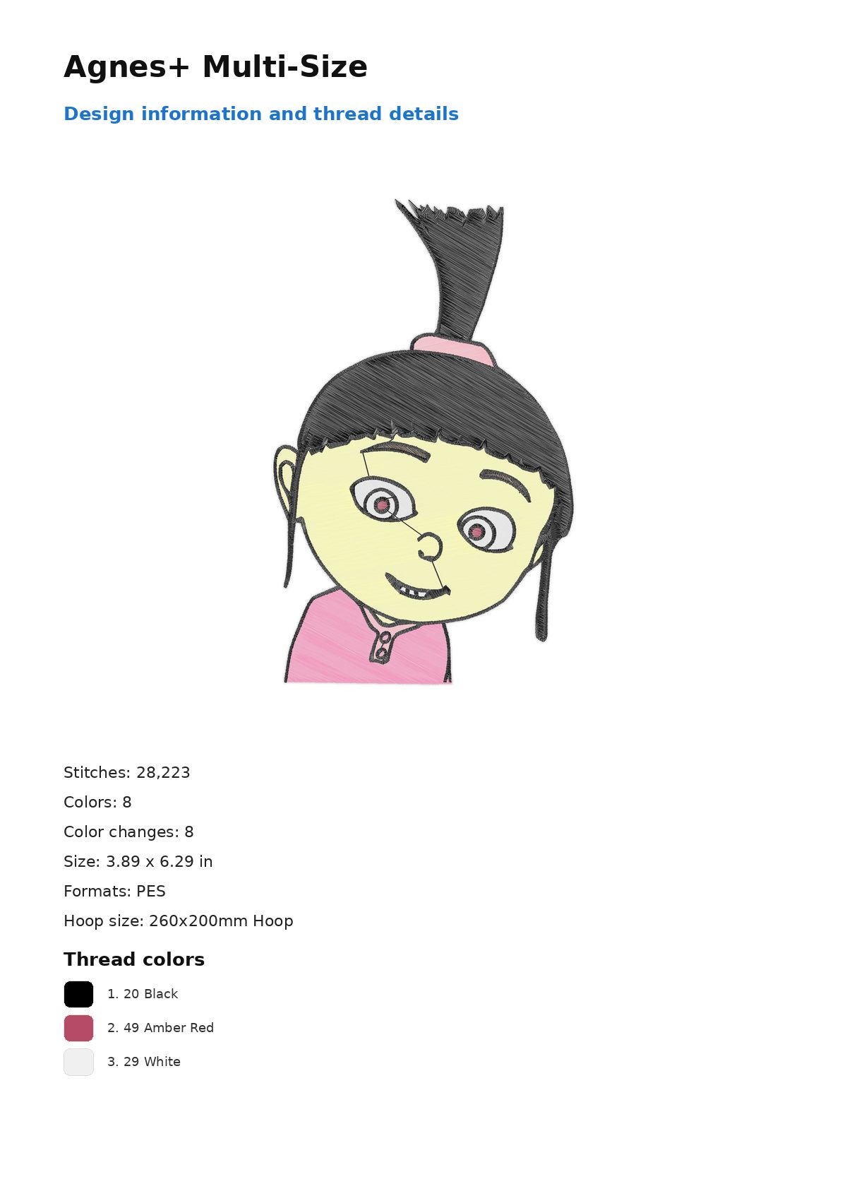 Agnes+ Multi-Size free machine embroidery design — 3.89×6.29 in — 28,223 stitches — 8 colors — PES