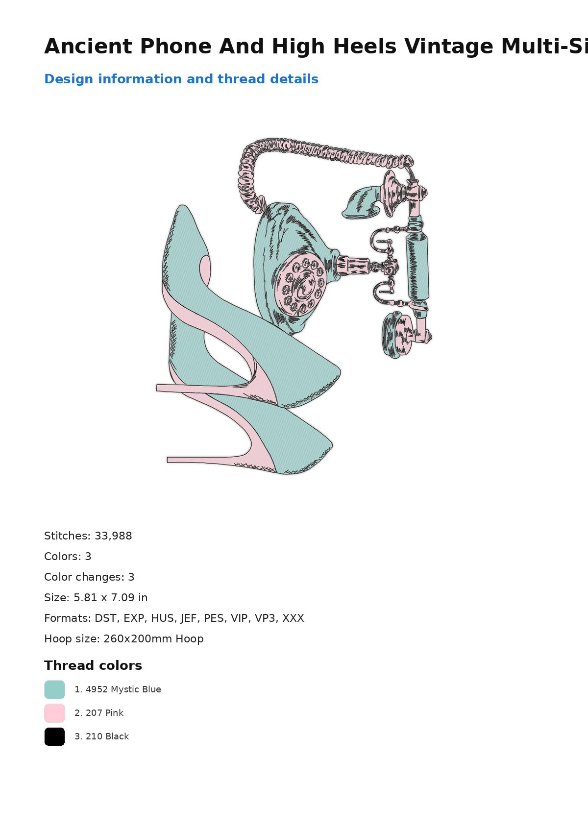 Ancient Phone And High Heels Vintage Multi-Size free machine embroidery design — 5.81×7.09 in — 33,988 stitches — 3 colors — DST, EXP, HUS, JEF, PES