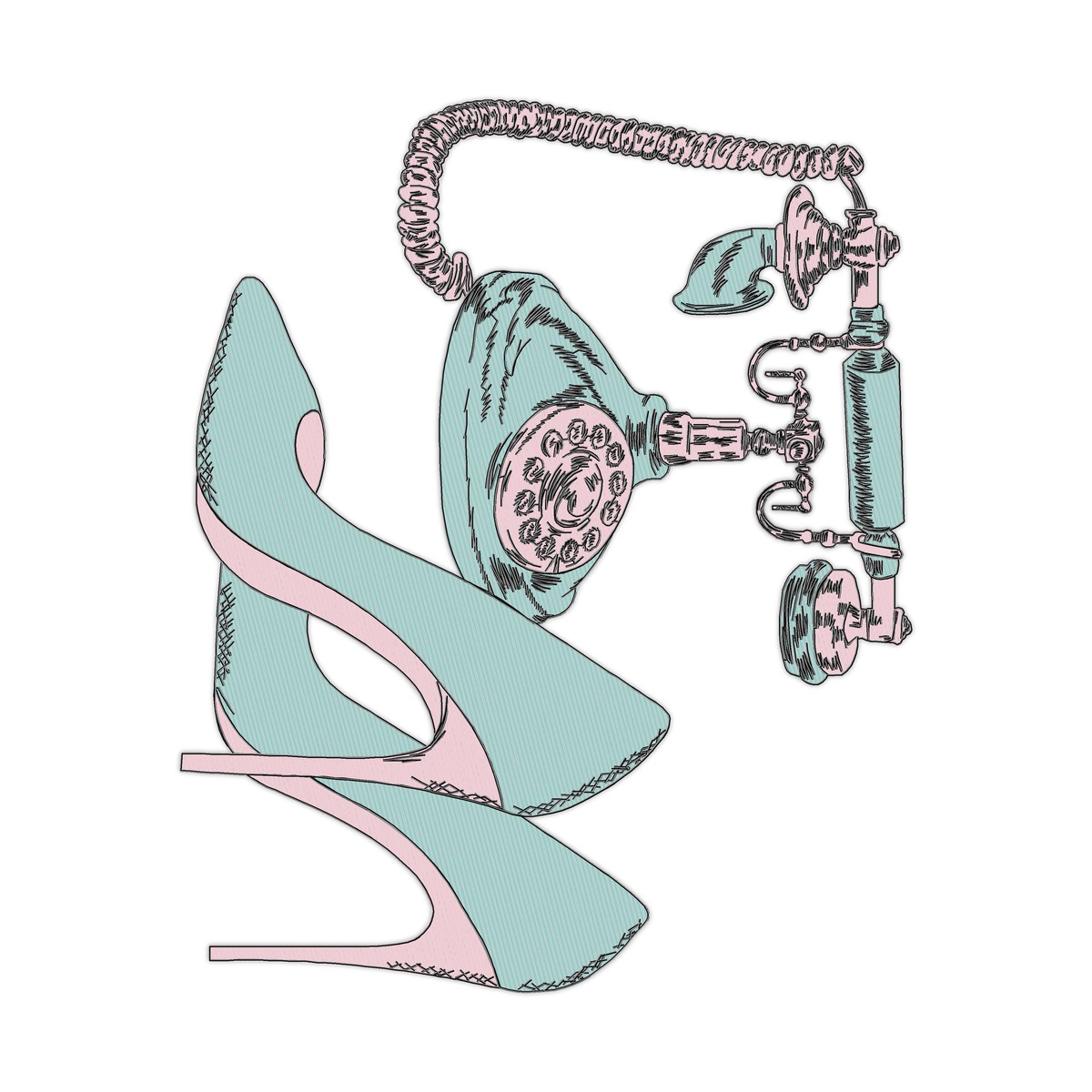 Ancient Phone And High Heels Vintage Multi-Size free machine embroidery design — 5.81×7.09 in — 33,988 stitches — 3 colors — DST, EXP, HUS, JEF, PES