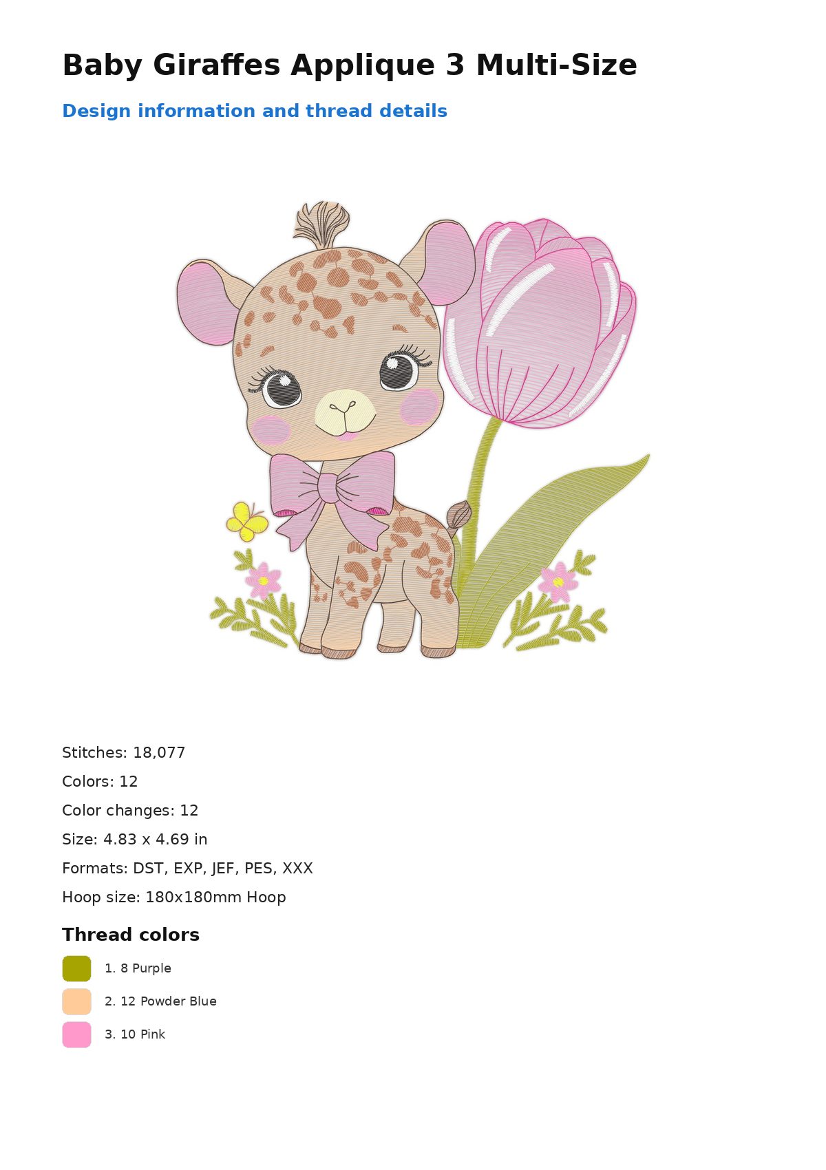 Baby Giraffes Applique 3 Multi-Size free machine embroidery design — 4.83×4.69 in — 18,077 stitches — 12 colors — DST, EXP, JEF, PES, XXX