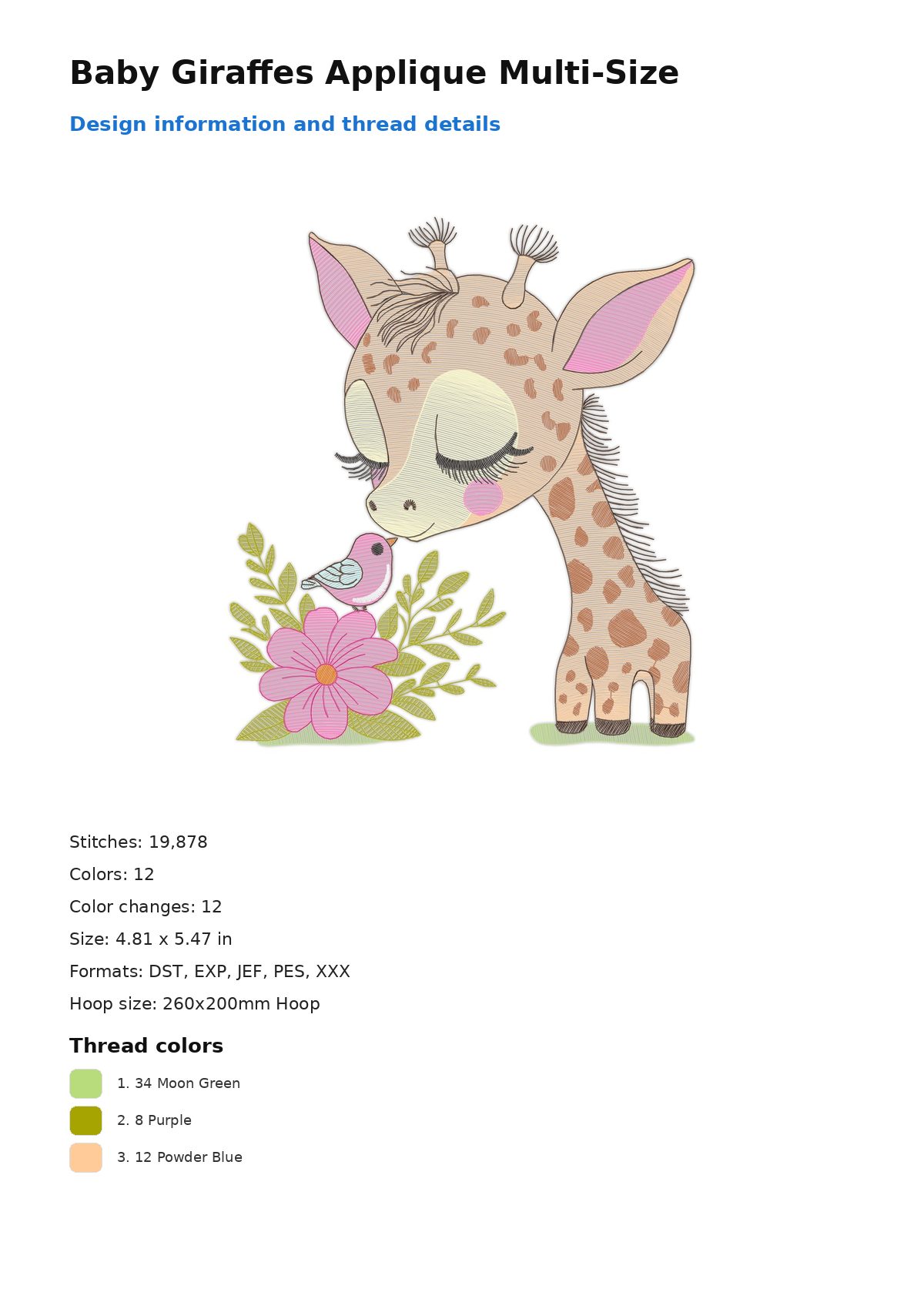 Baby Giraffes Applique Multi-Size free machine embroidery design — 4.81×5.47 in — 19,878 stitches — 12 colors — DST, EXP, JEF, PES, XXX