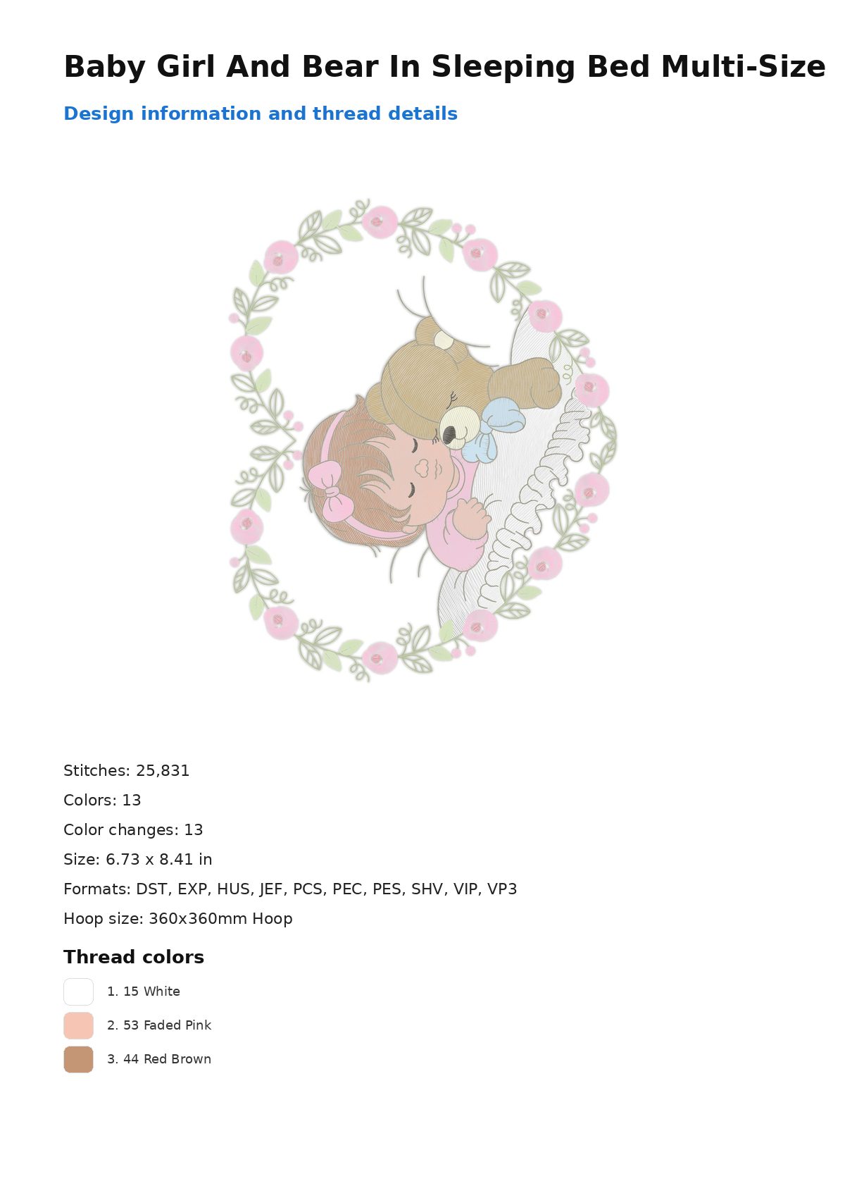 Baby Girl And Bear In Sleeping Bed Multi-Size free machine embroidery design — 6.73×8.41 in — 25,831 stitches — 13 colors — DST, EXP, HUS, JEF, PCS