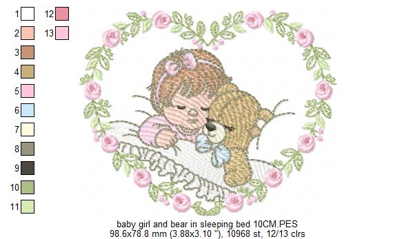 Baby Girl And Bear In Sleeping Bed Multi-Size free machine embroidery design — 6.73×8.41 in — 25,831 stitches — 13 colors — DST, EXP, HUS, JEF, PCS