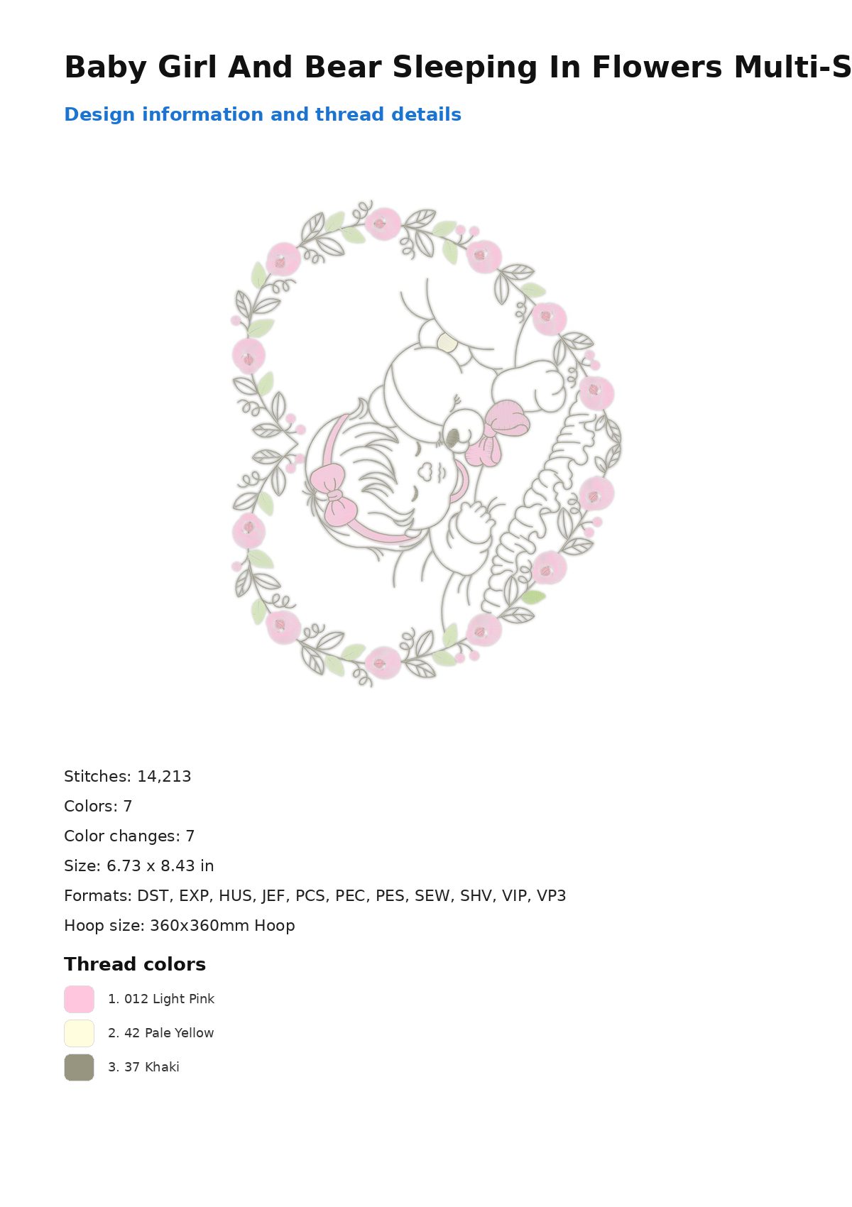 Baby Girl And Bear Sleeping In Flowers Multi-Size free machine embroidery design — 6.73×8.43 in — 14,213 stitches — 7 colors — DST, EXP, HUS, JEF, PCS