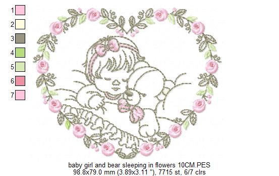 Baby Girl And Bear Sleeping In Flowers Multi-Size free machine embroidery design — 6.73×8.43 in — 14,213 stitches — 7 colors — DST, EXP, HUS, JEF, PCS