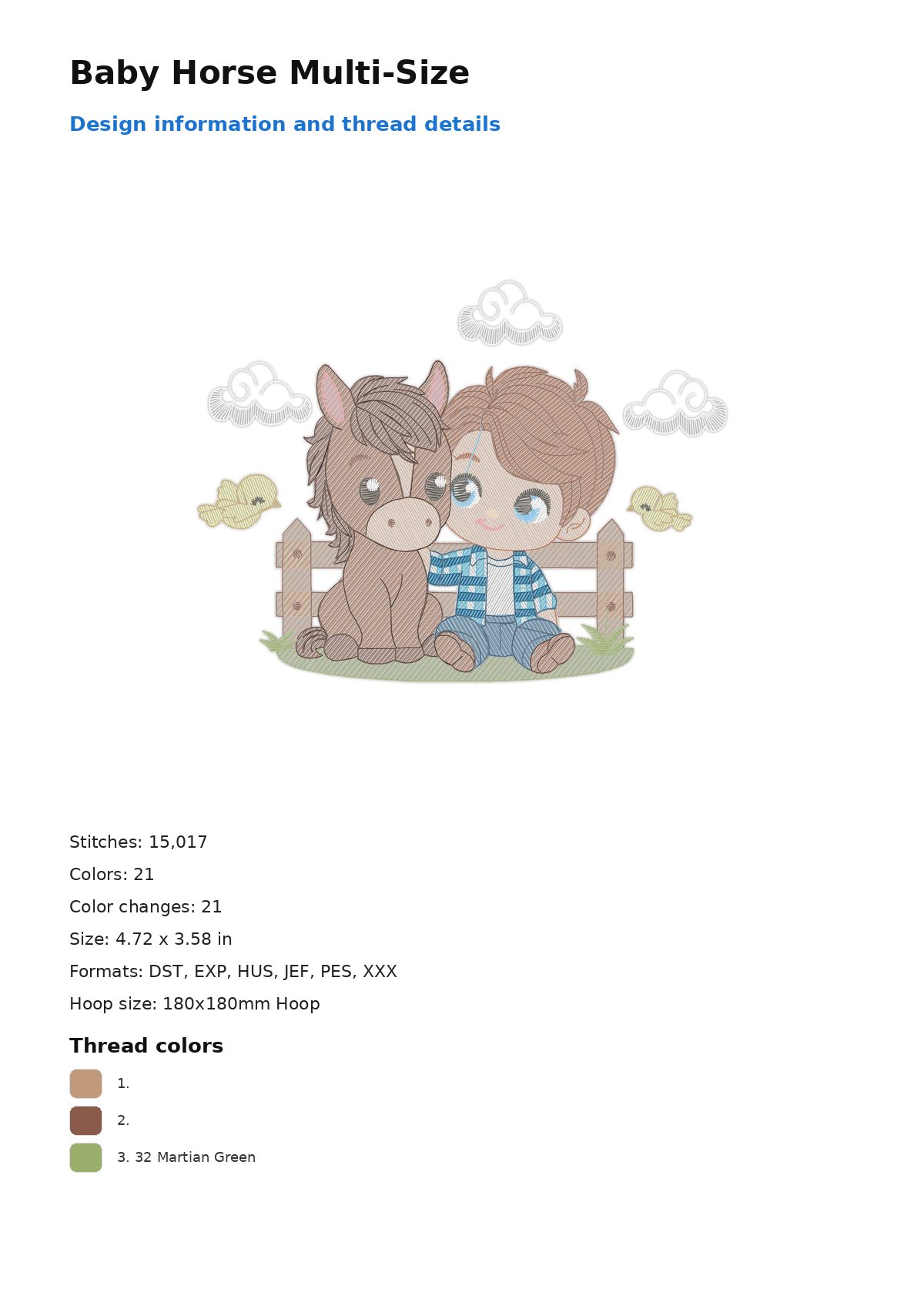 Baby Horse Multi-Size free machine embroidery design — 4.72×3.58 in — 15,017 stitches — 21 colors — DST, EXP, HUS, JEF, PES