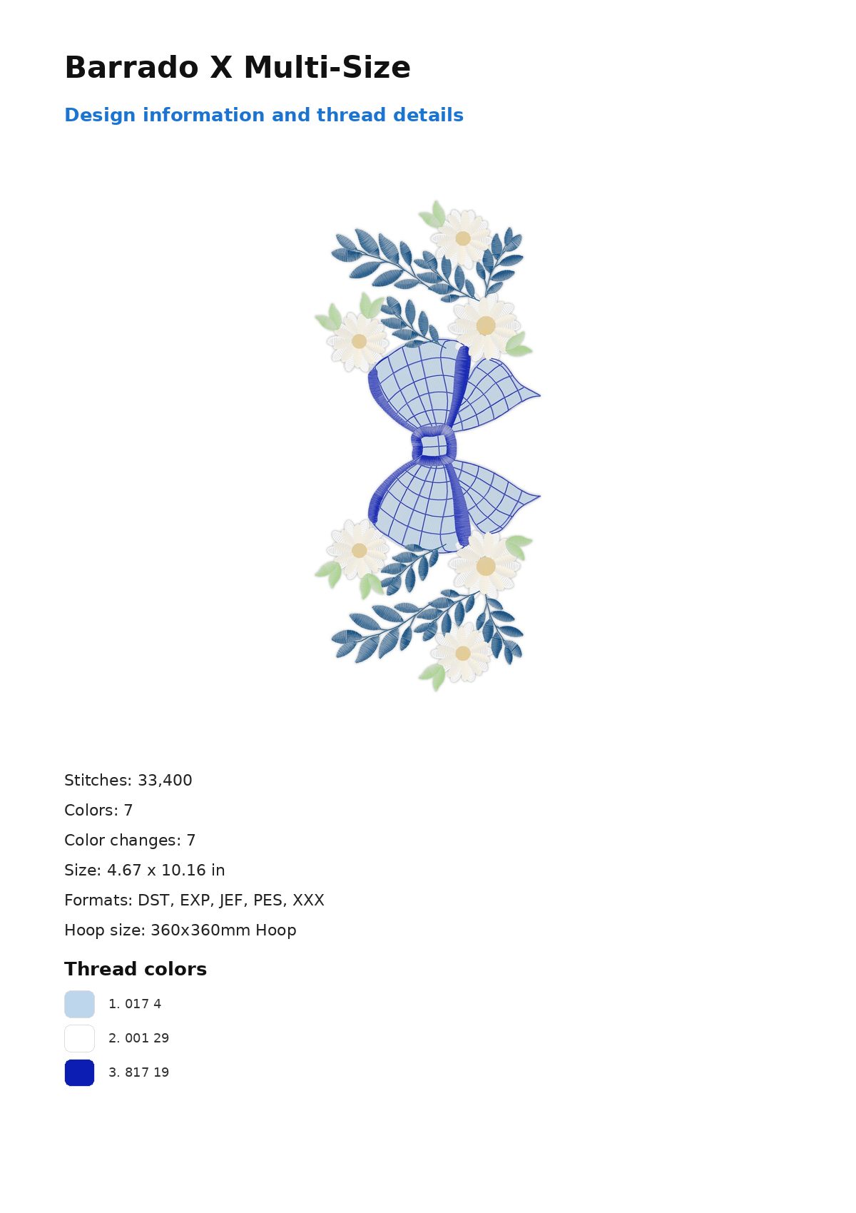 Barrado X Multi-Size free machine embroidery design — 4.67×10.16 in — 33,400 stitches — 7 colors — DST, EXP, JEF, PES, XXX