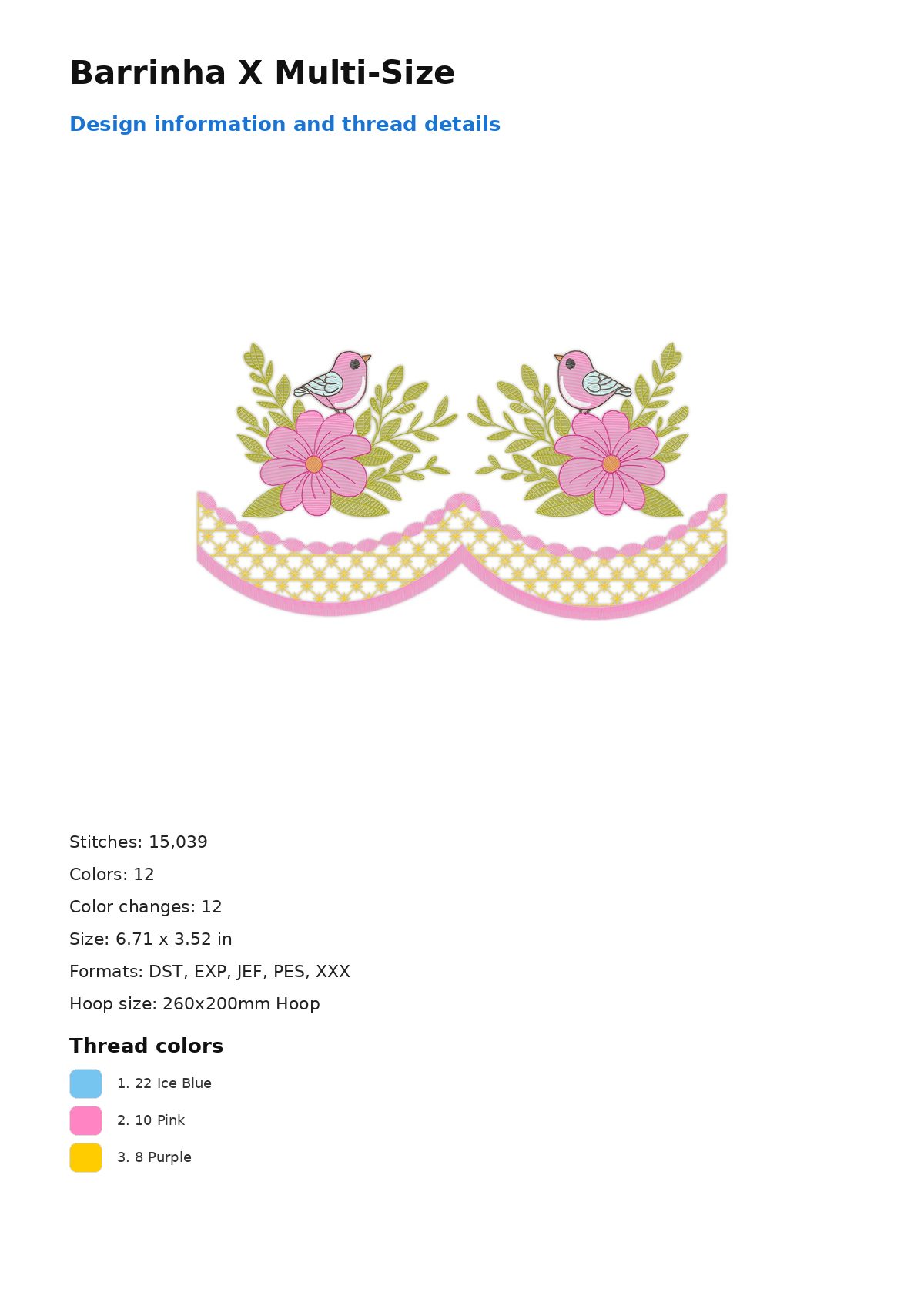 Barrinha X Multi-Size free machine embroidery design — 6.71×3.52 in — 15,039 stitches — 12 colors — DST, EXP, JEF, PES, XXX