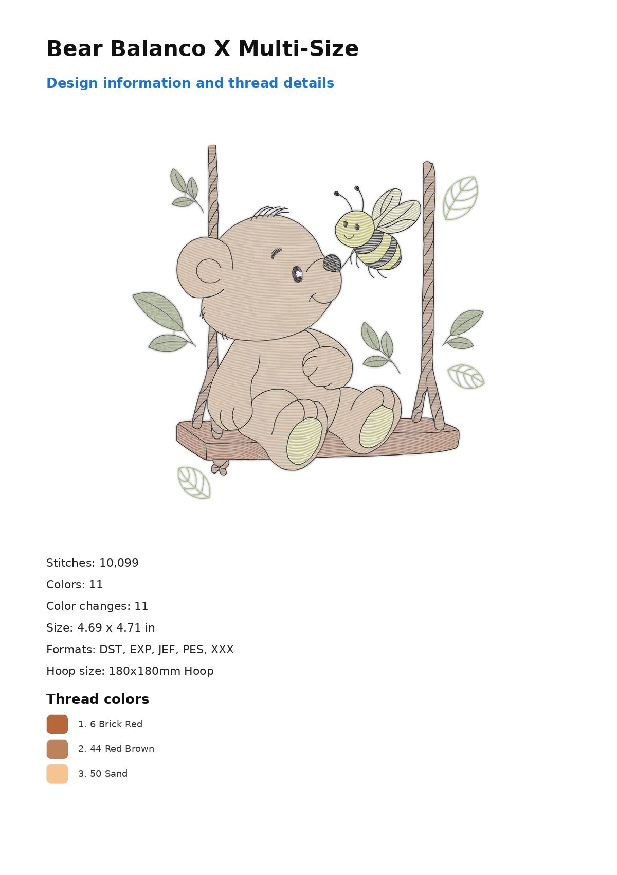 Bear Balanco X Multi-Size free machine embroidery design — 4.69×4.71 in — 10,099 stitches — 11 colors — DST, EXP, JEF, PES, XXX