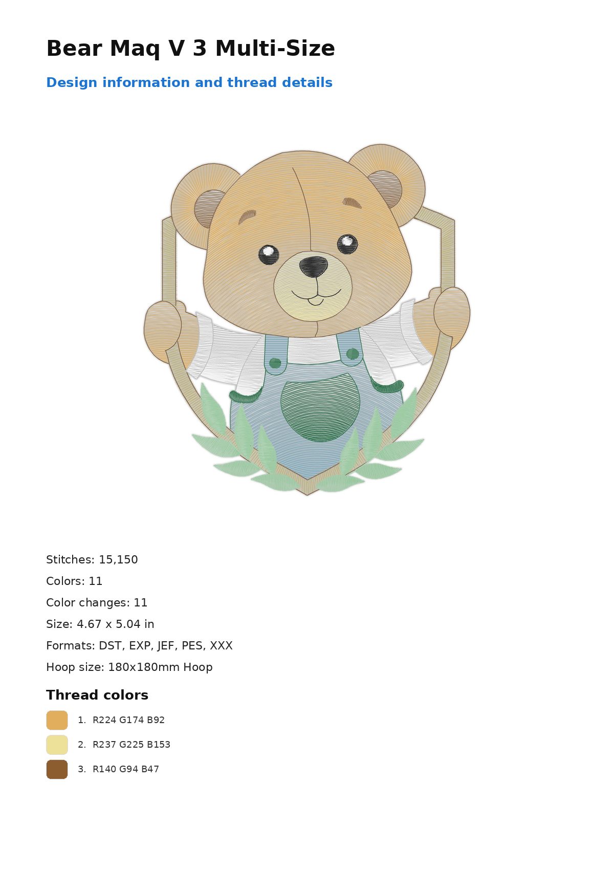 Bear Maq V 3 Multi-Size free machine embroidery design — 4.67×5.04 in — 15,150 stitches — 11 colors — DST, EXP, JEF, PES, XXX