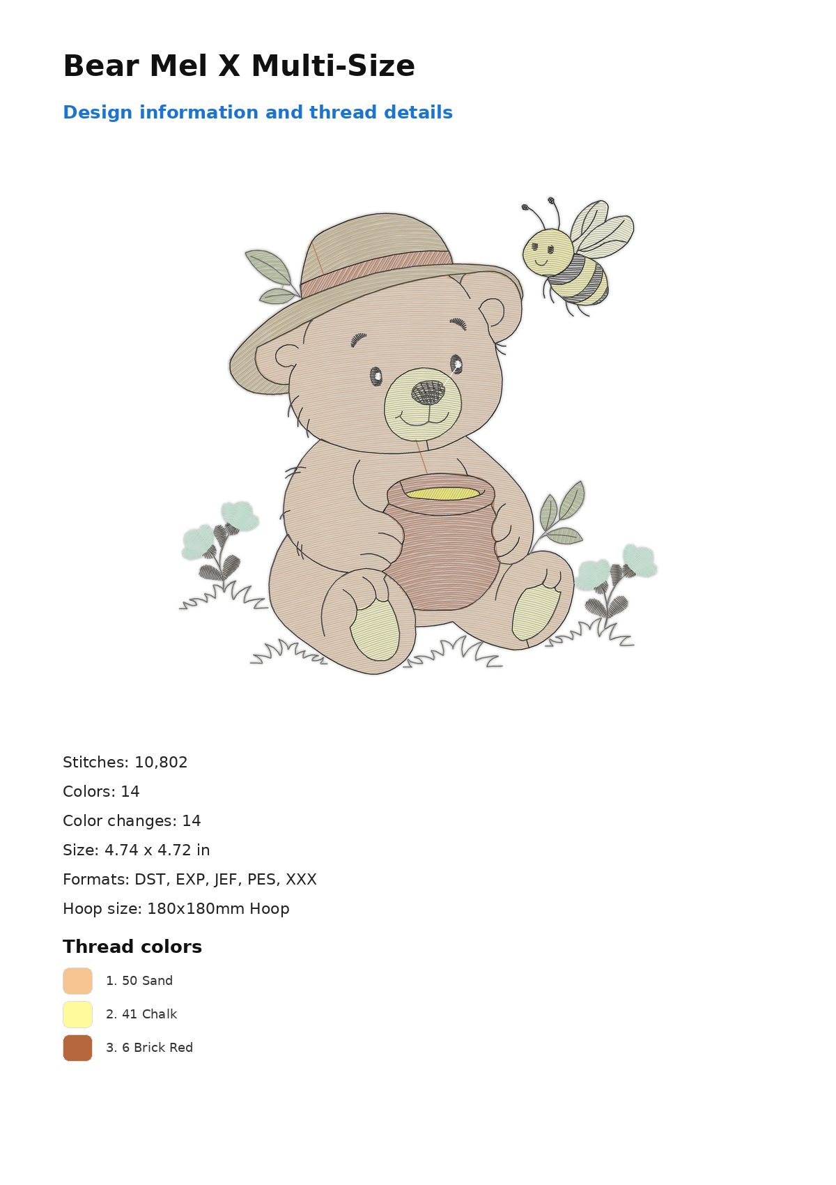 Bear Mel X Multi-Size free machine embroidery design — 4.74×4.72 in — 10,802 stitches — 14 colors — DST, EXP, JEF, PES, XXX