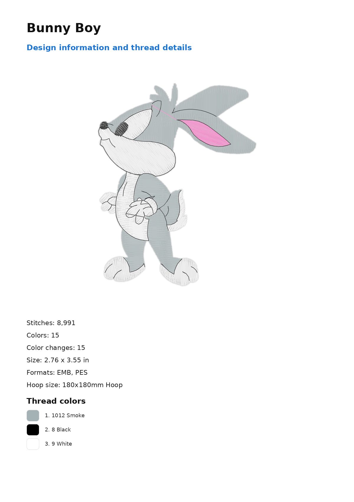Bunny Boy free machine embroidery design — 2.76×3.55 in — 8,991 stitches — 15 colors — EMB, PES