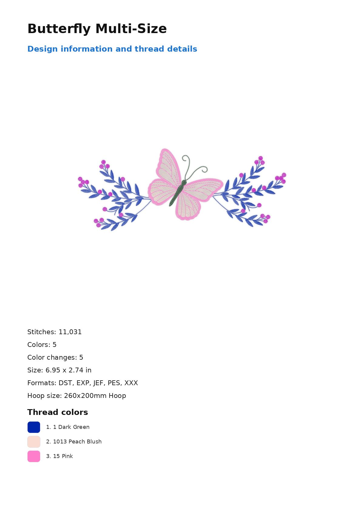 Butterfly Multi-Size free machine embroidery design — 6.95×2.74 in — 11,031 stitches — 5 colors — DST, EXP, JEF, PES, XXX