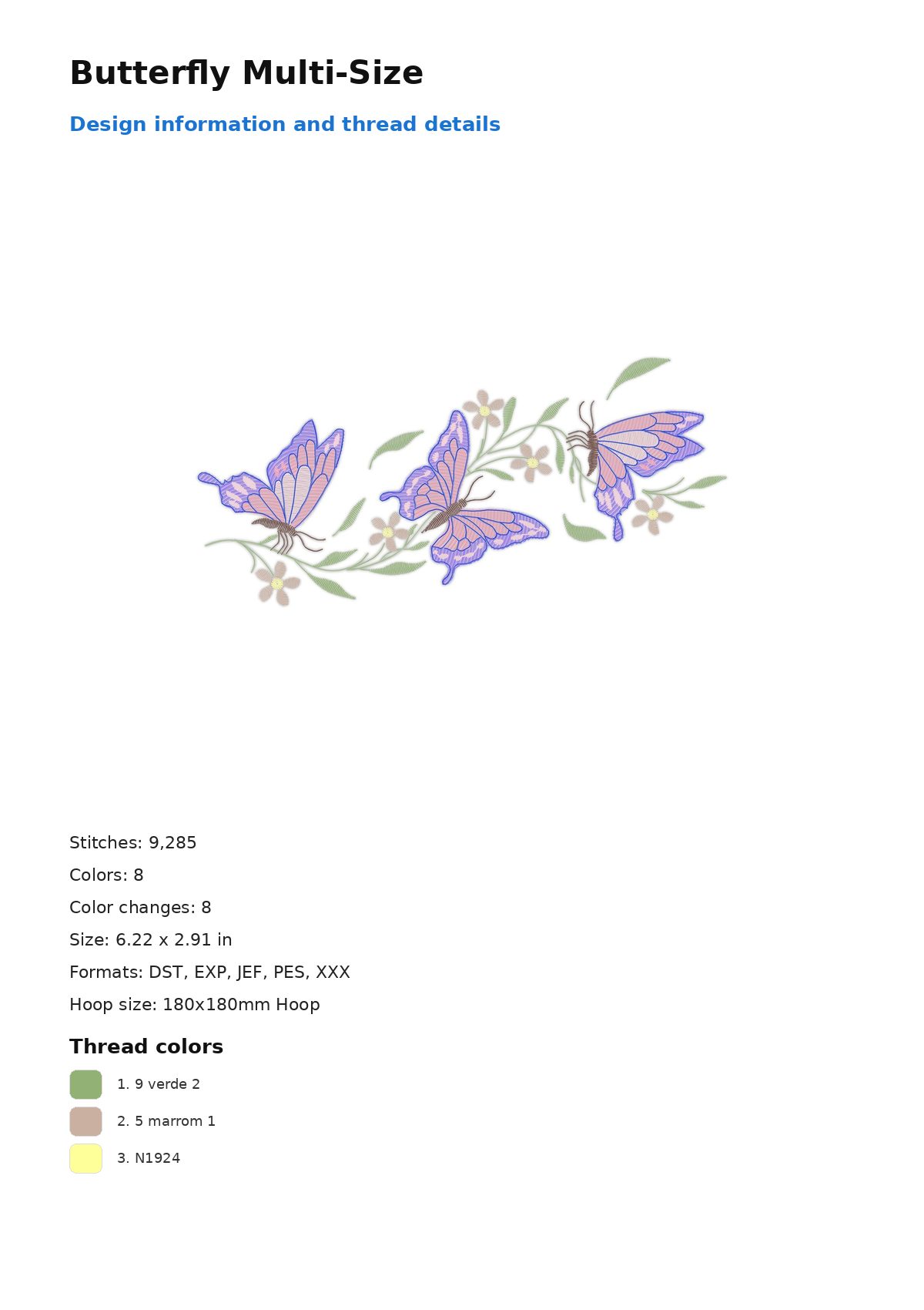Butterfly Multi-Size free machine embroidery design — 6.22×2.91 in — 9,285 stitches — 8 colors — DST, EXP, JEF, PES, XXX