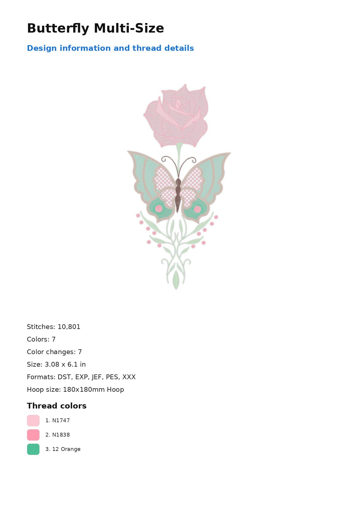 Butterfly Multi-Size free machine embroidery design — 3.08×6.1 in — 10,801 stitches — 7 colors — DST, EXP, JEF, PES, XXX