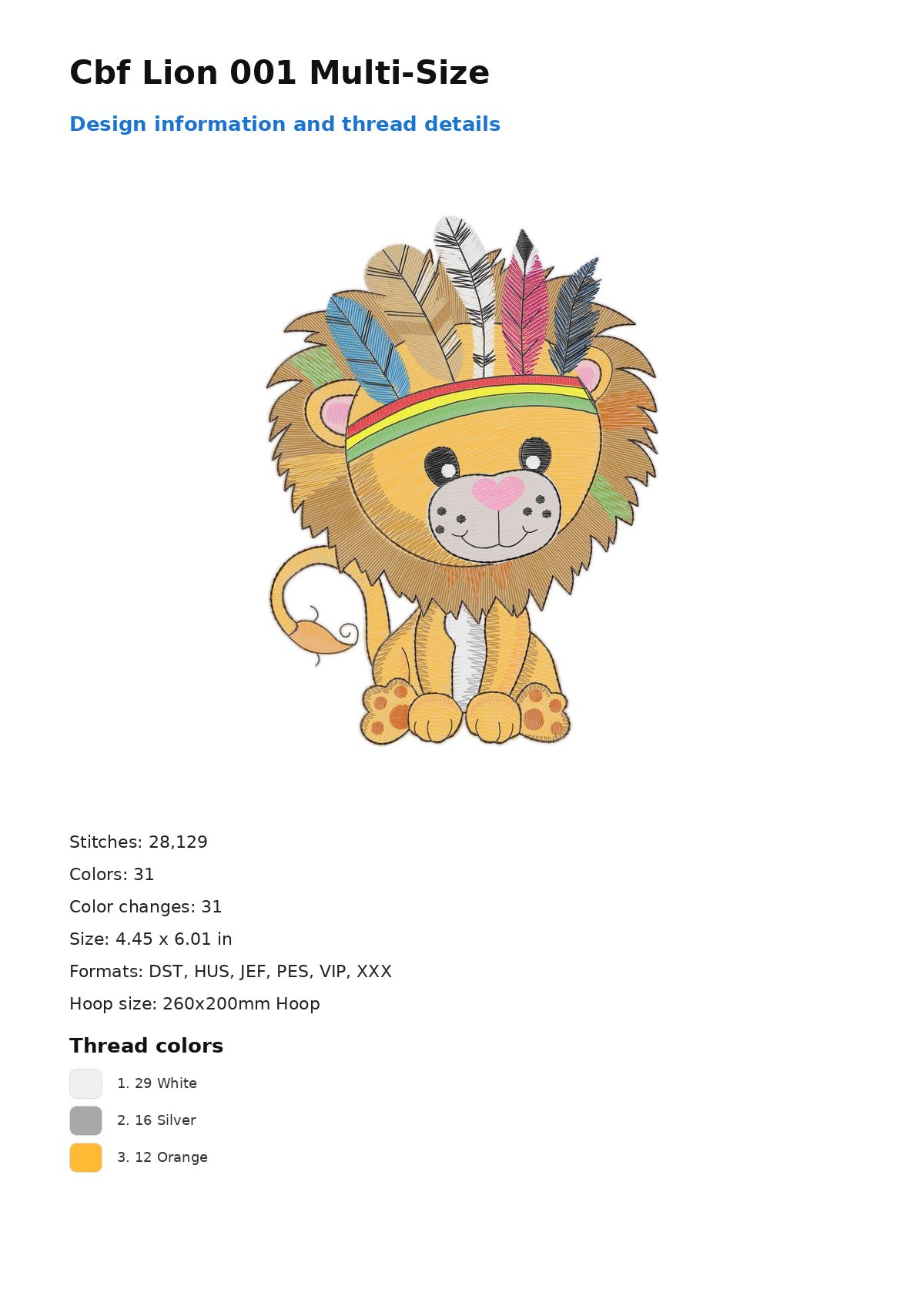 Cbf Lion 001 Multi-Size free machine embroidery design — 4.45×6.01 in — 28,129 stitches — 31 colors — DST, HUS, JEF, PES, VIP