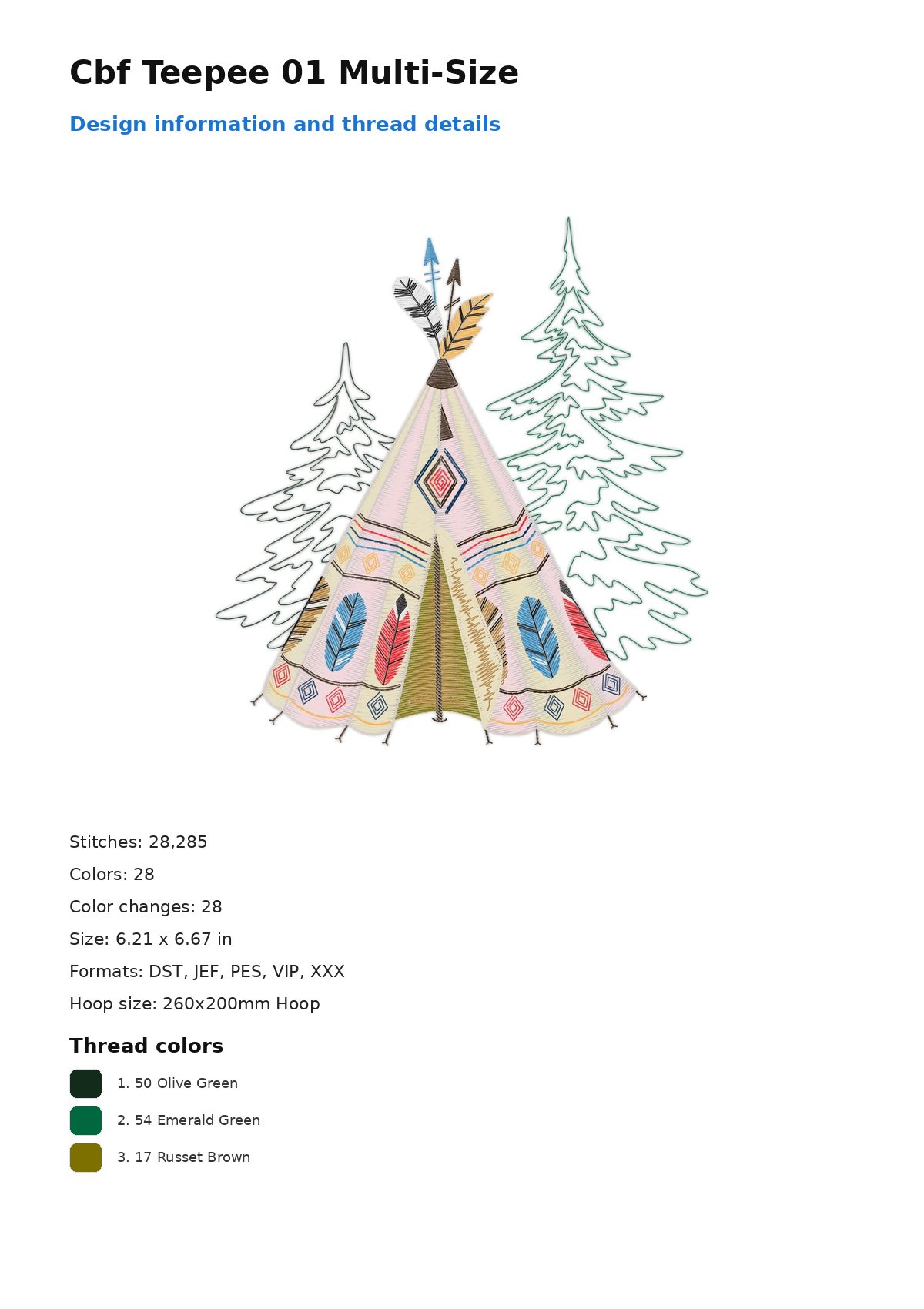Cbf Teepee 01 Multi-Size free machine embroidery design — 6.21×6.67 in — 28,285 stitches — 28 colors — DST, JEF, PES, VIP, XXX