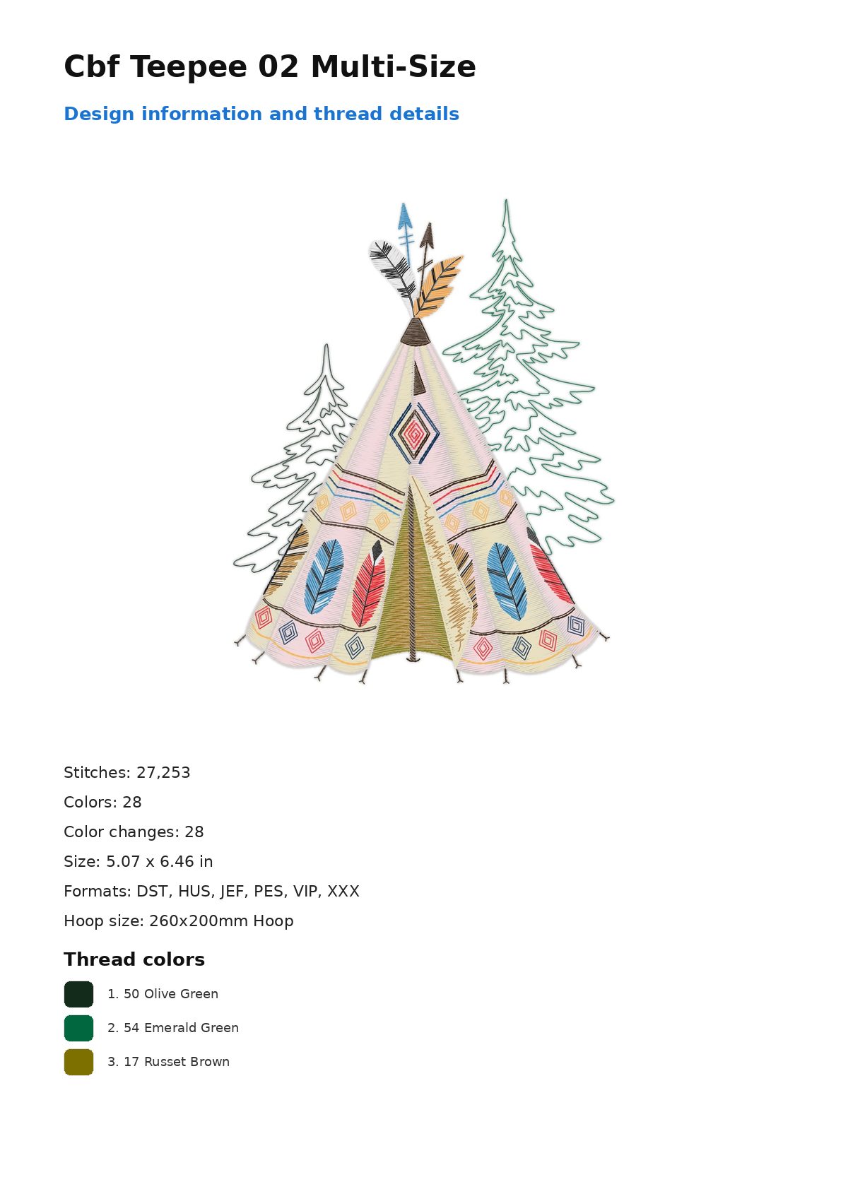 Cbf Teepee 02 Multi-Size free machine embroidery design — 5.07×6.46 in — 27,253 stitches — 28 colors — DST, HUS, JEF, PES, VIP