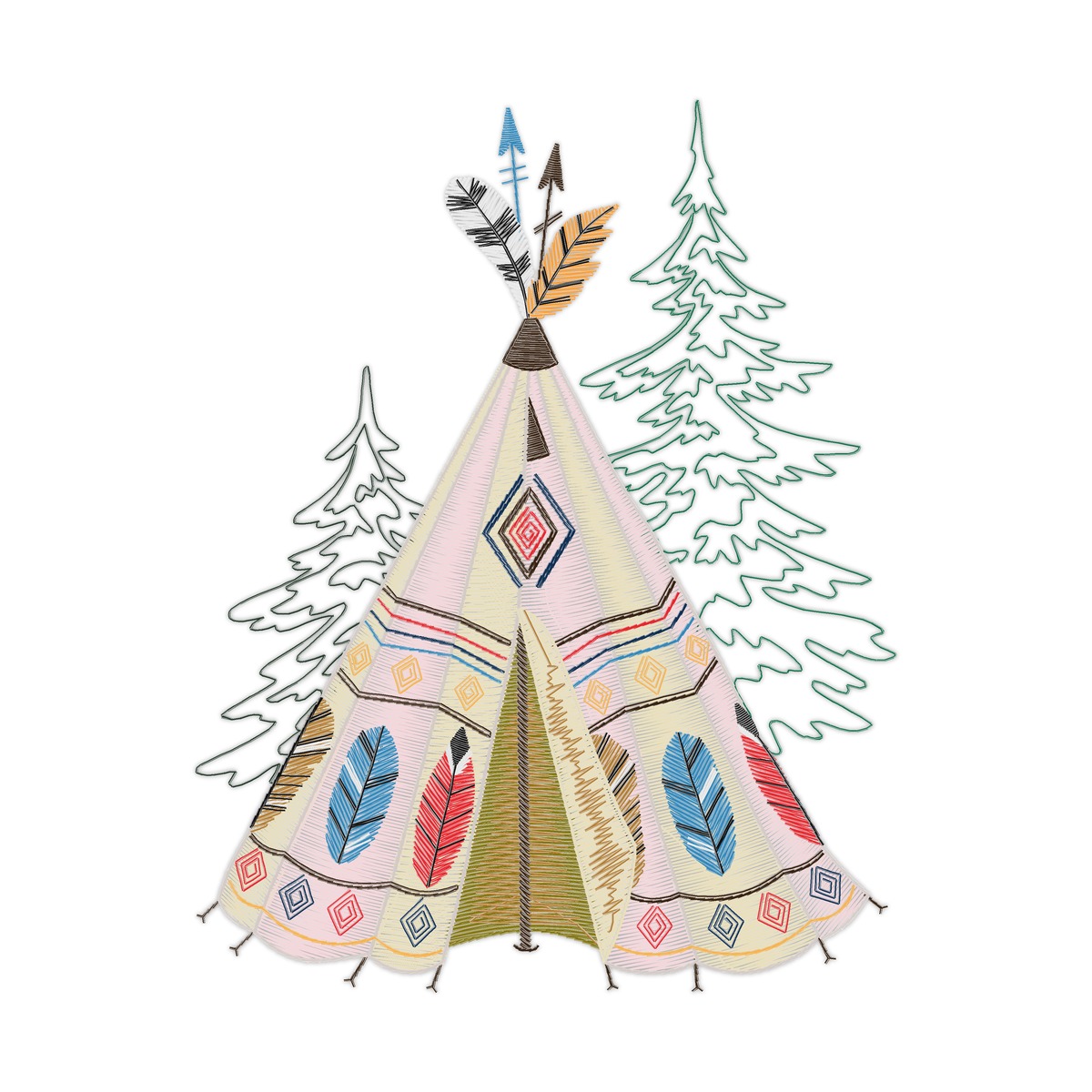 Cbf Teepee 02 Multi-Size free machine embroidery design — 5.07×6.46 in — 27,253 stitches — 28 colors — DST, HUS, JEF, PES, VIP