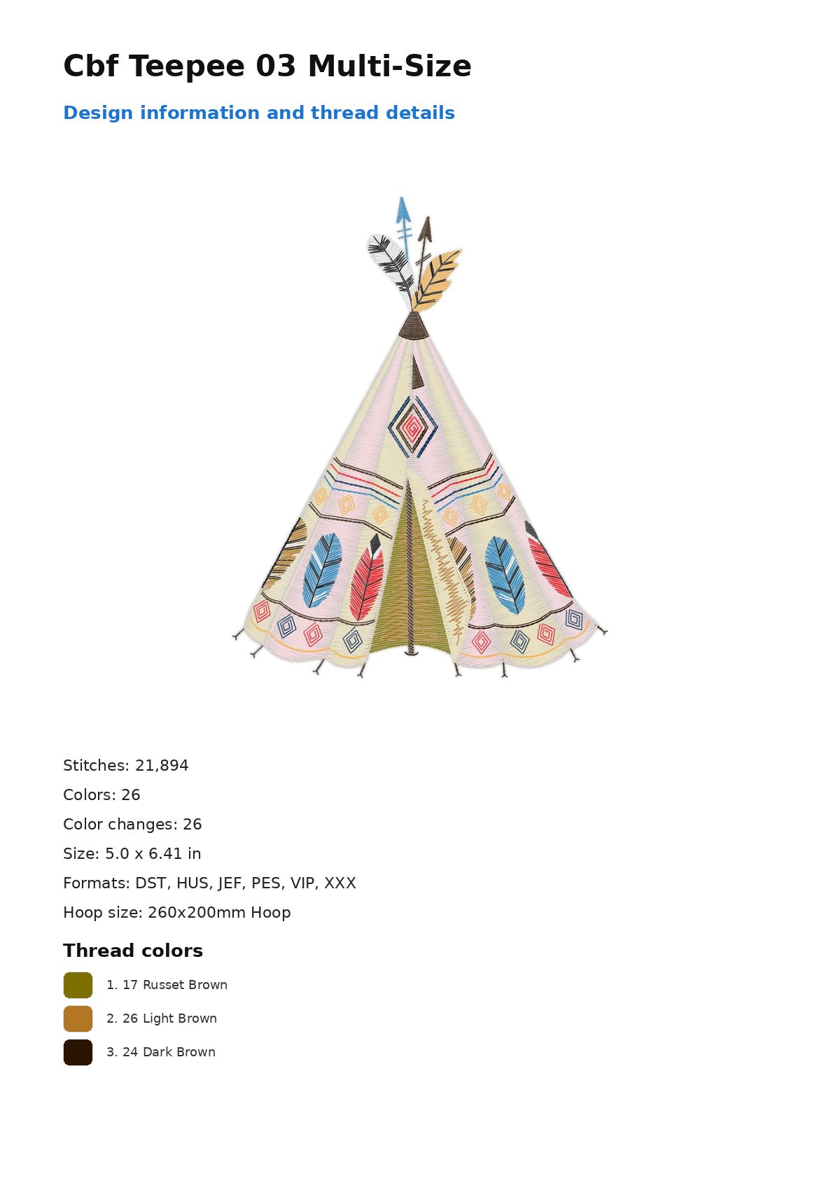 Cbf Teepee 03 Multi-Size free machine embroidery design — 5.0×6.41 in — 21,894 stitches — 26 colors — DST, HUS, JEF, PES, VIP