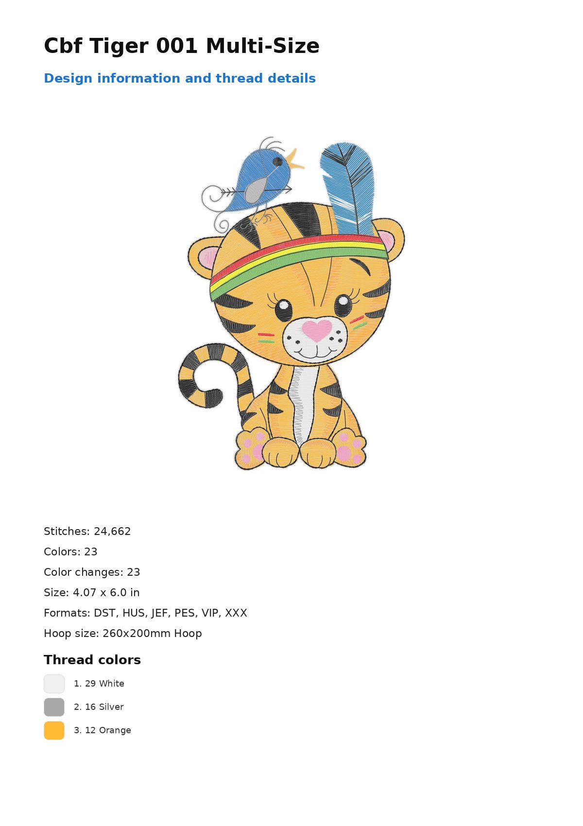 Cbf Tiger 001 Multi-Size free machine embroidery design — 4.07×6.0 in — 24,662 stitches — 23 colors — DST, HUS, JEF, PES, VIP