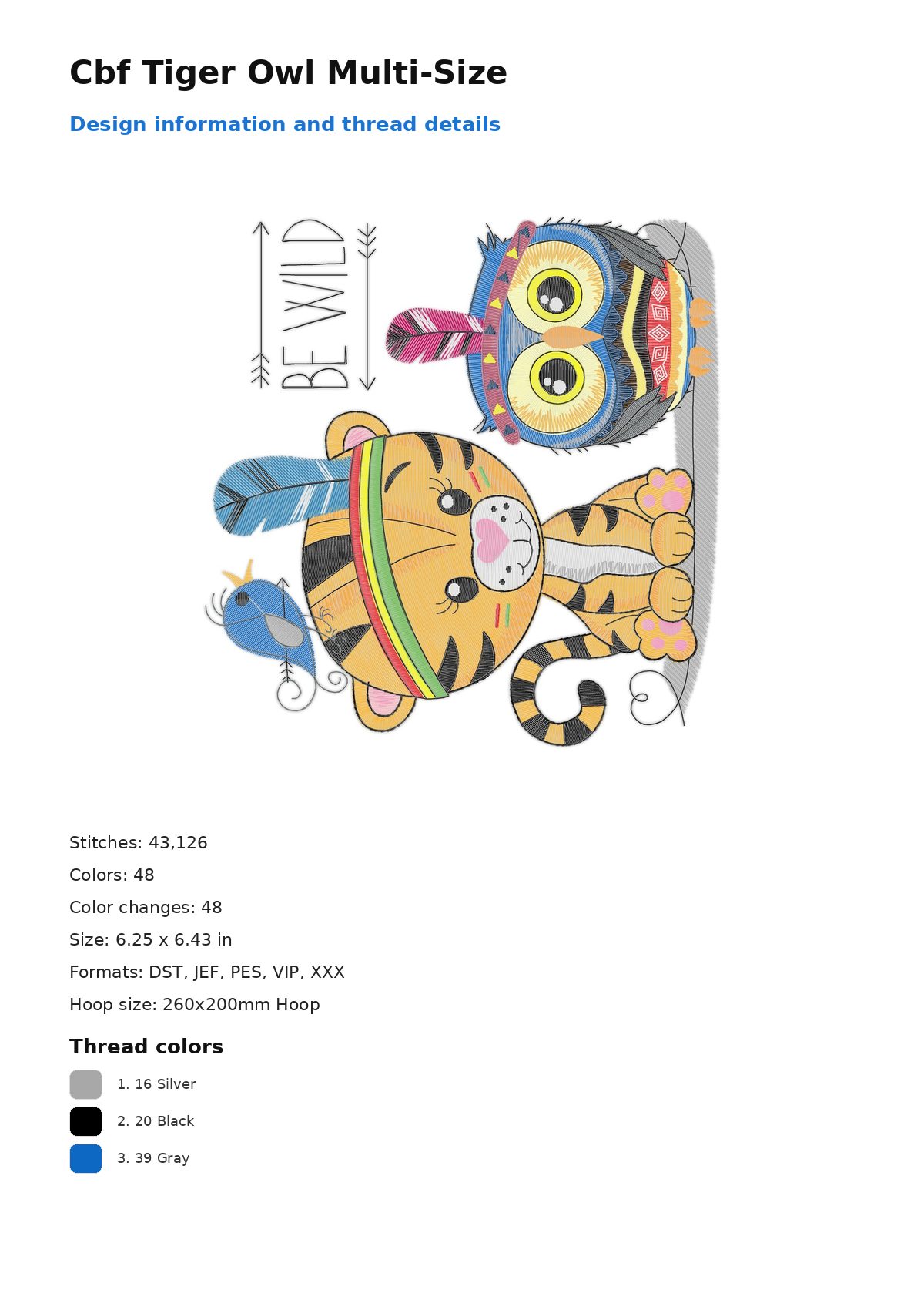 Cbf Tiger Owl Multi-Size free machine embroidery design — 6.25×6.43 in — 43,126 stitches — 48 colors — DST, JEF, PES, VIP, XXX