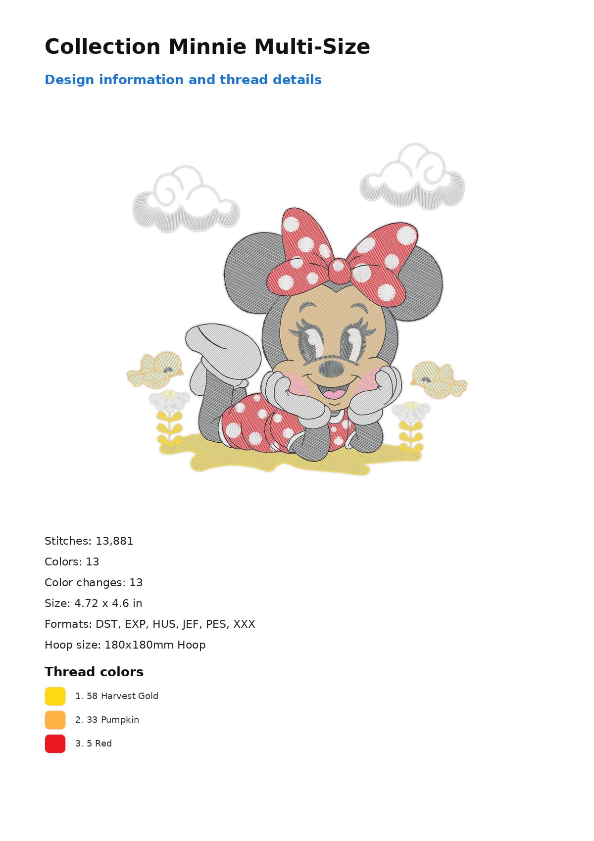 Collection Minnie Multi-Size free machine embroidery design — 4.72×4.6 in — 13,881 stitches — 13 colors — DST, EXP, HUS, JEF, PES