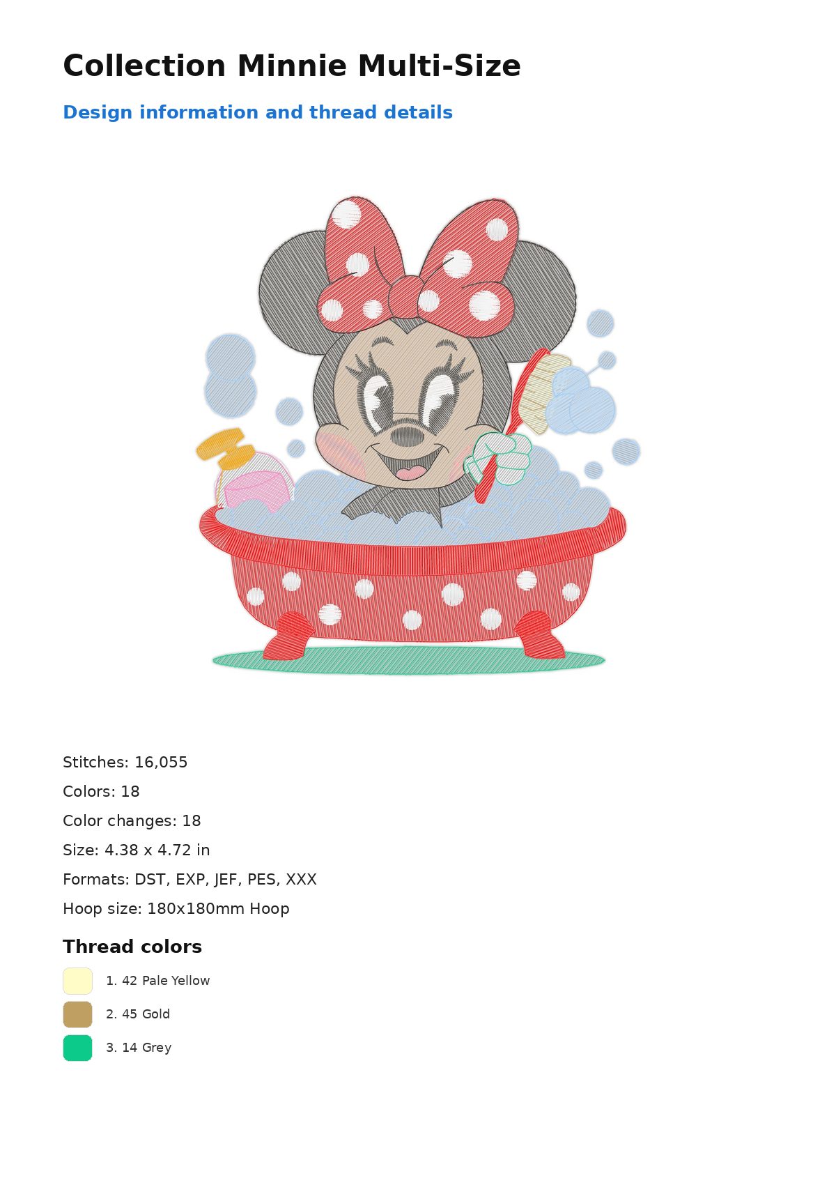 Collection Minnie Multi-Size free machine embroidery design — 4.38×4.72 in — 16,055 stitches — 18 colors — DST, EXP, JEF, PES, XXX