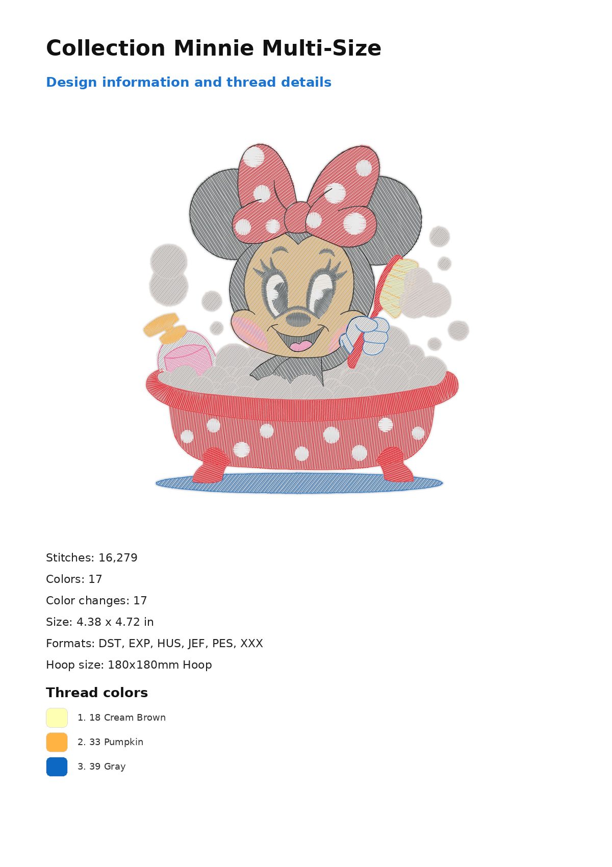 Collection Minnie Multi-Size free machine embroidery design — 4.38×4.72 in — 16,279 stitches — 17 colors — DST, EXP, HUS, JEF, PES