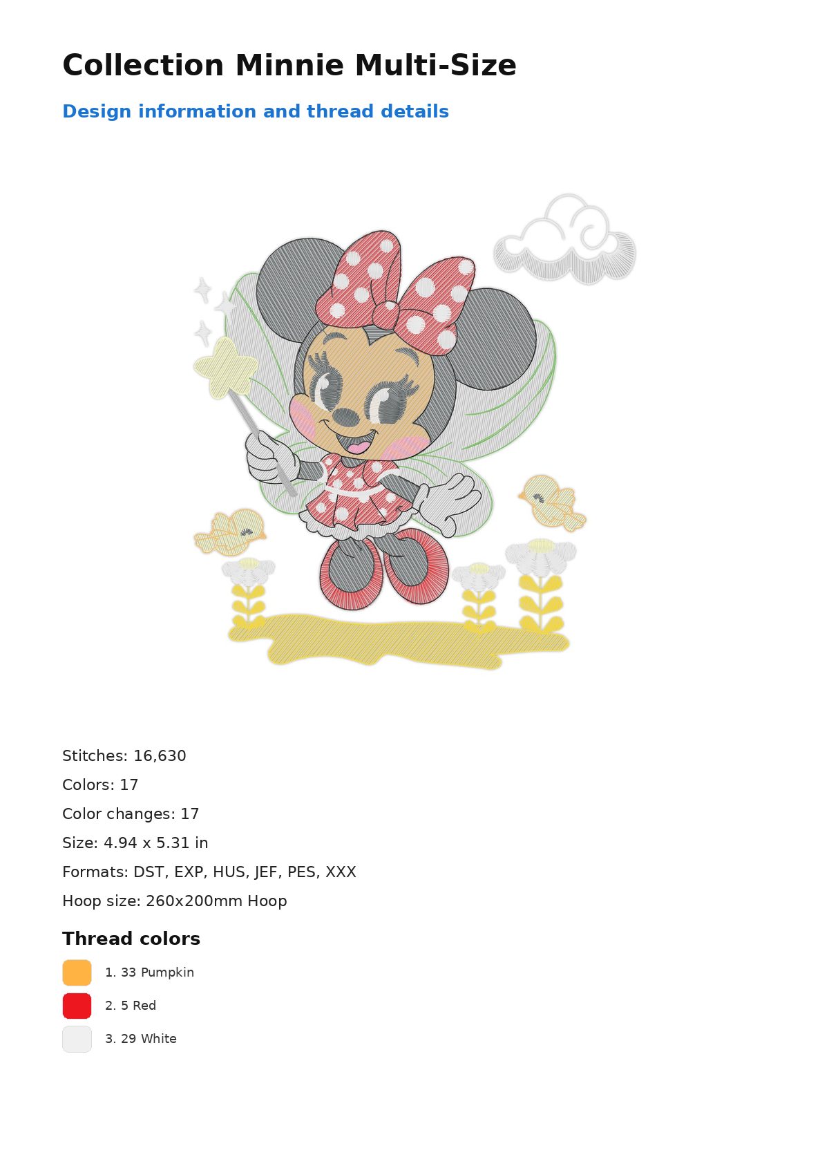 Collection Minnie Multi-Size free machine embroidery design — 4.94×5.31 in — 16,630 stitches — 17 colors — DST, EXP, HUS, JEF, PES