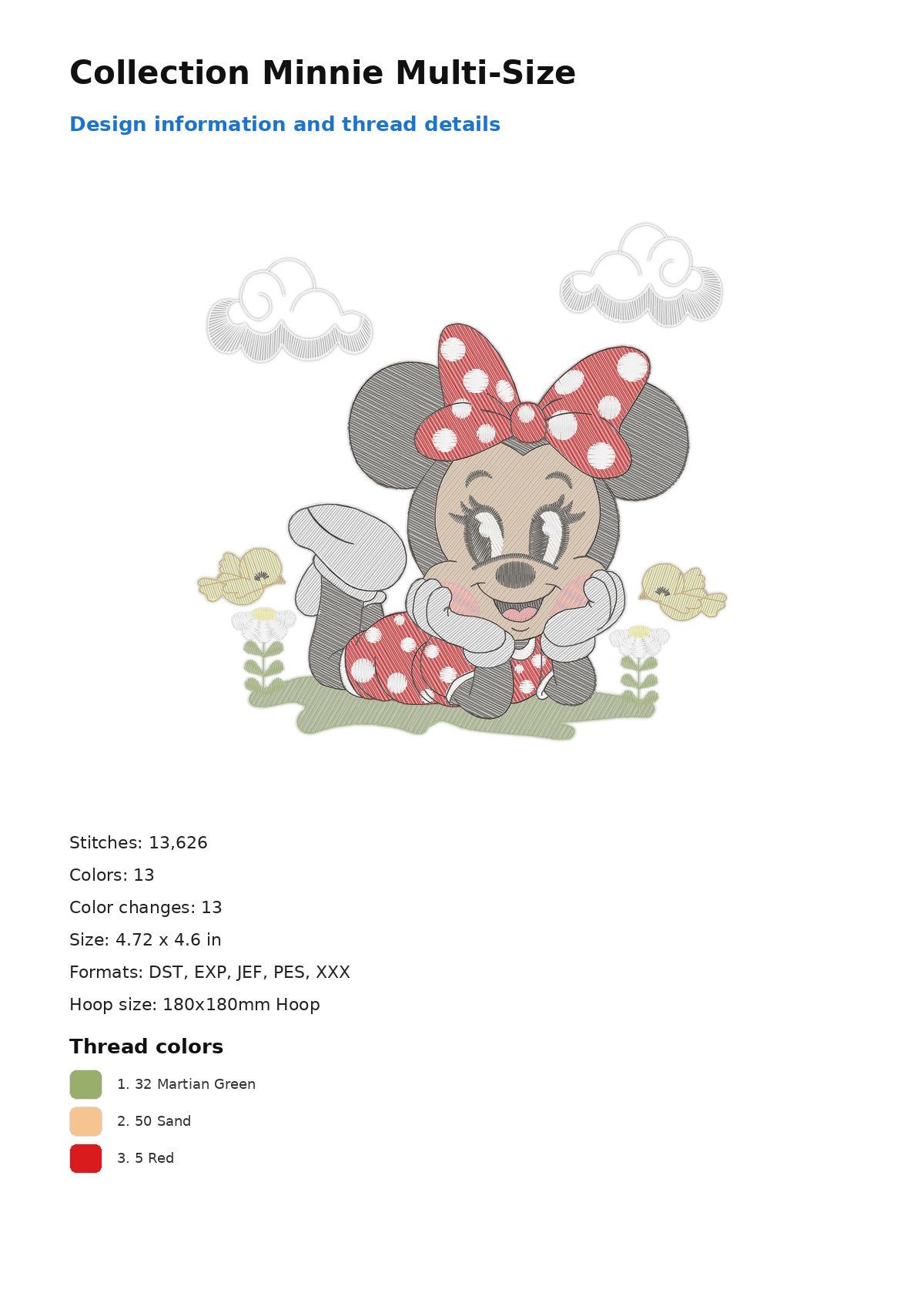 Collection Minnie Multi-Size free machine embroidery design — 4.72×4.6 in — 13,626 stitches — 13 colors — DST, EXP, JEF, PES, XXX