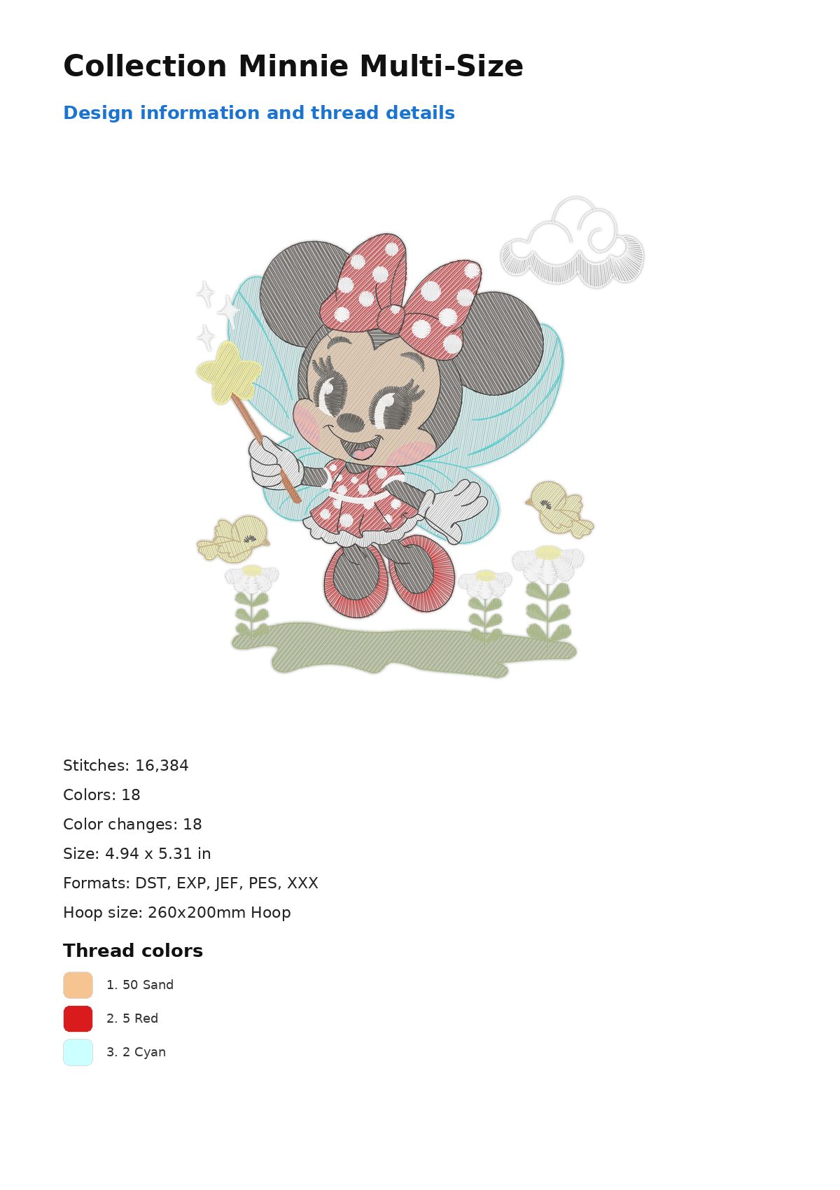 Collection Minnie Multi-Size free machine embroidery design — 4.94×5.31 in — 16,384 stitches — 18 colors — DST, EXP, JEF, PES, XXX