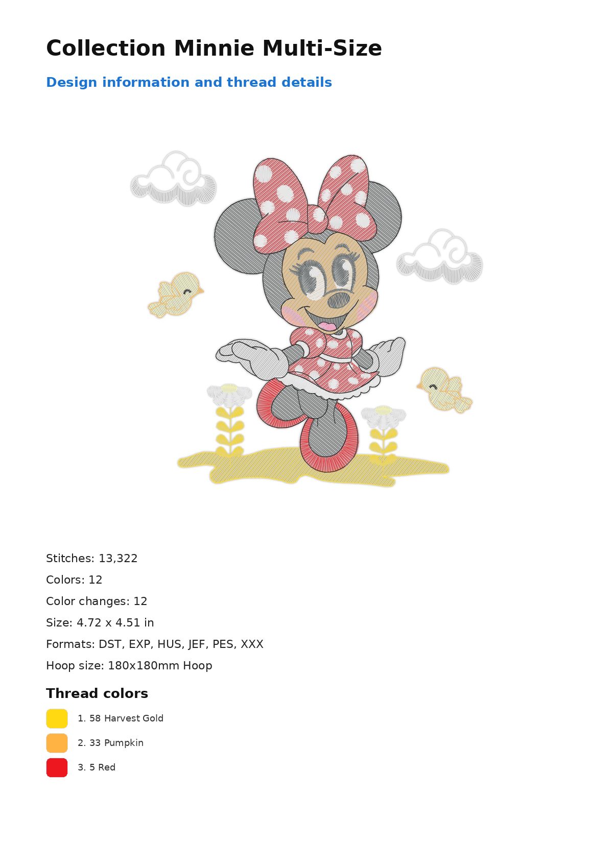 Collection Minnie Multi-Size free machine embroidery design — 4.72×4.51 in — 13,322 stitches — 12 colors — DST, EXP, HUS, JEF, PES