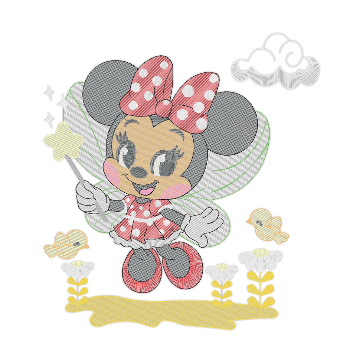 Collection Minnie Multi-Size free machine embroidery design — 4.94×5.31 in — 16,630 stitches — 17 colors — DST, EXP, HUS, JEF, PES