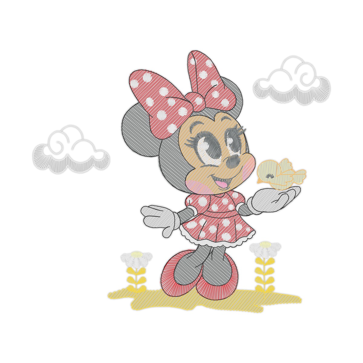 Collection Minnie Multi-Size free machine embroidery design — 4.72×4.17 in — 10,994 stitches — 14 colors — DST, EXP, HUS, JEF, PES