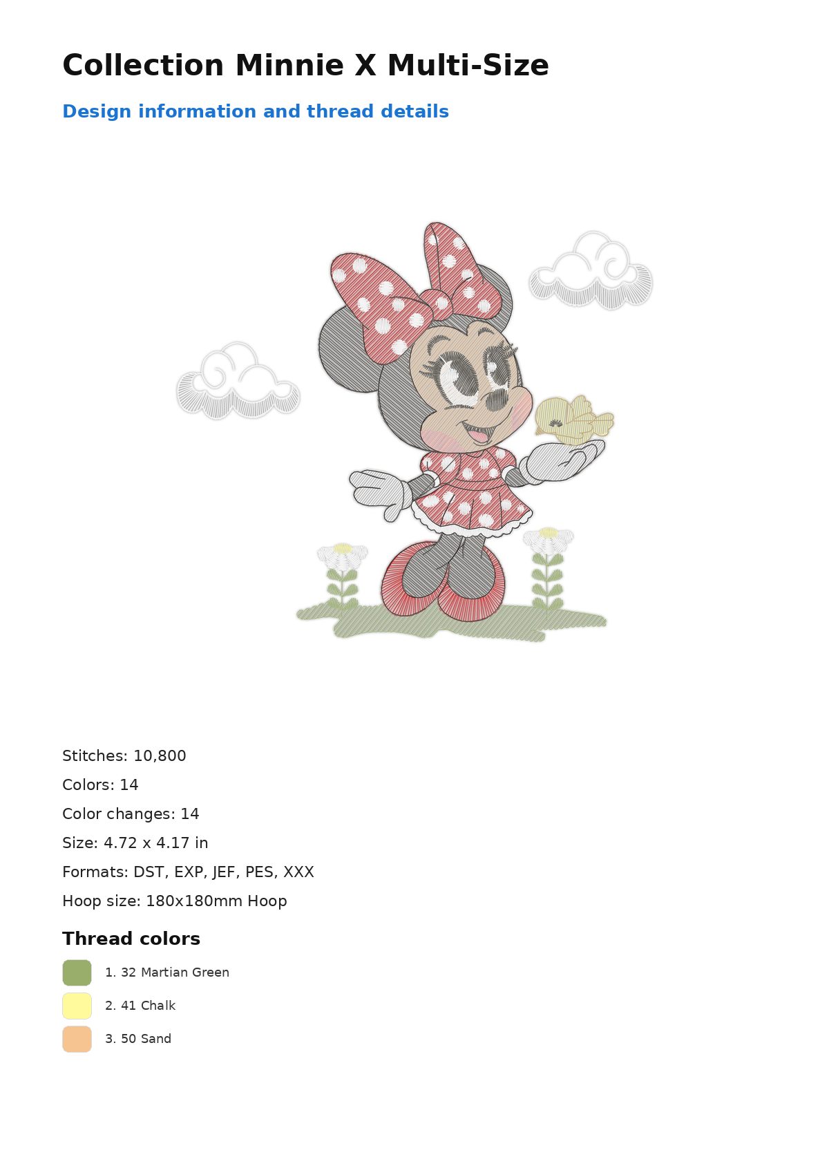 Collection Minnie X Multi-Size free machine embroidery design — 4.72×4.17 in — 10,800 stitches — 14 colors — DST, EXP, JEF, PES, XXX