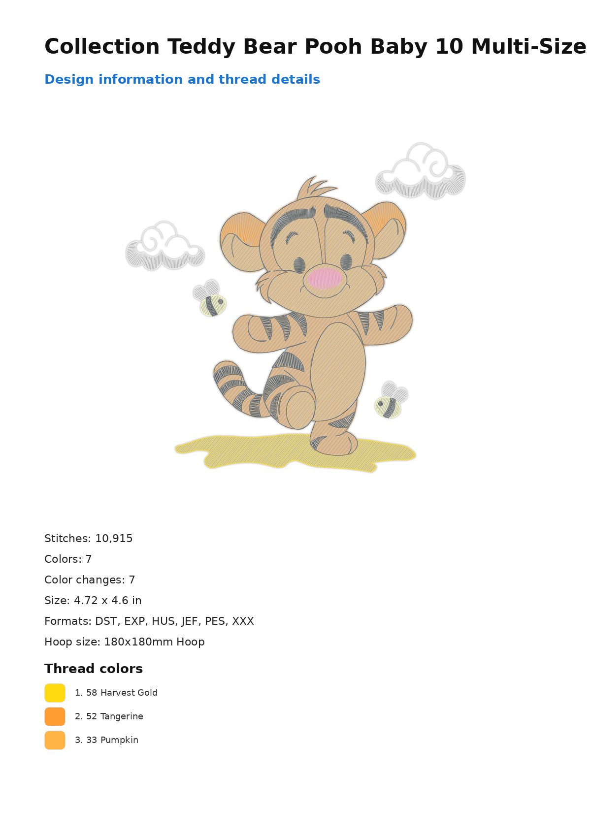 Collection Teddy Bear Pooh Baby 10 Multi-Size free machine embroidery design — 4.72×4.6 in — 10,915 stitches — 7 colors — DST, EXP, HUS, JEF, PES