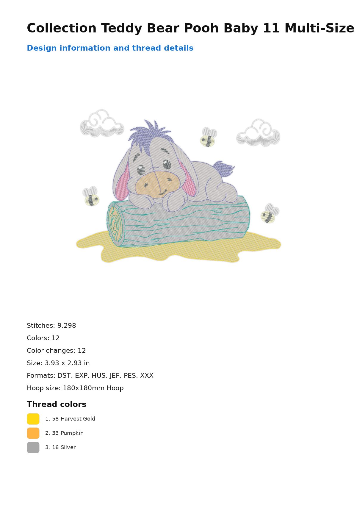 Collection Teddy Bear Pooh Baby 11 Multi-Size free machine embroidery design — 3.93×2.93 in — 9,298 stitches — 12 colors — DST, EXP, HUS, JEF, PES