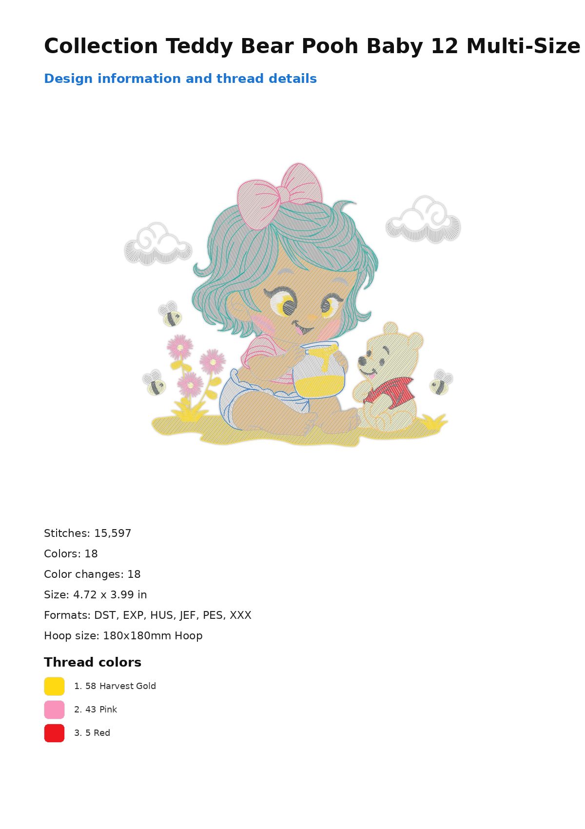 Collection Teddy Bear Pooh Baby 12 Multi-Size free machine embroidery design — 4.72×3.99 in — 15,597 stitches — 18 colors — DST, EXP, HUS, JEF, PES