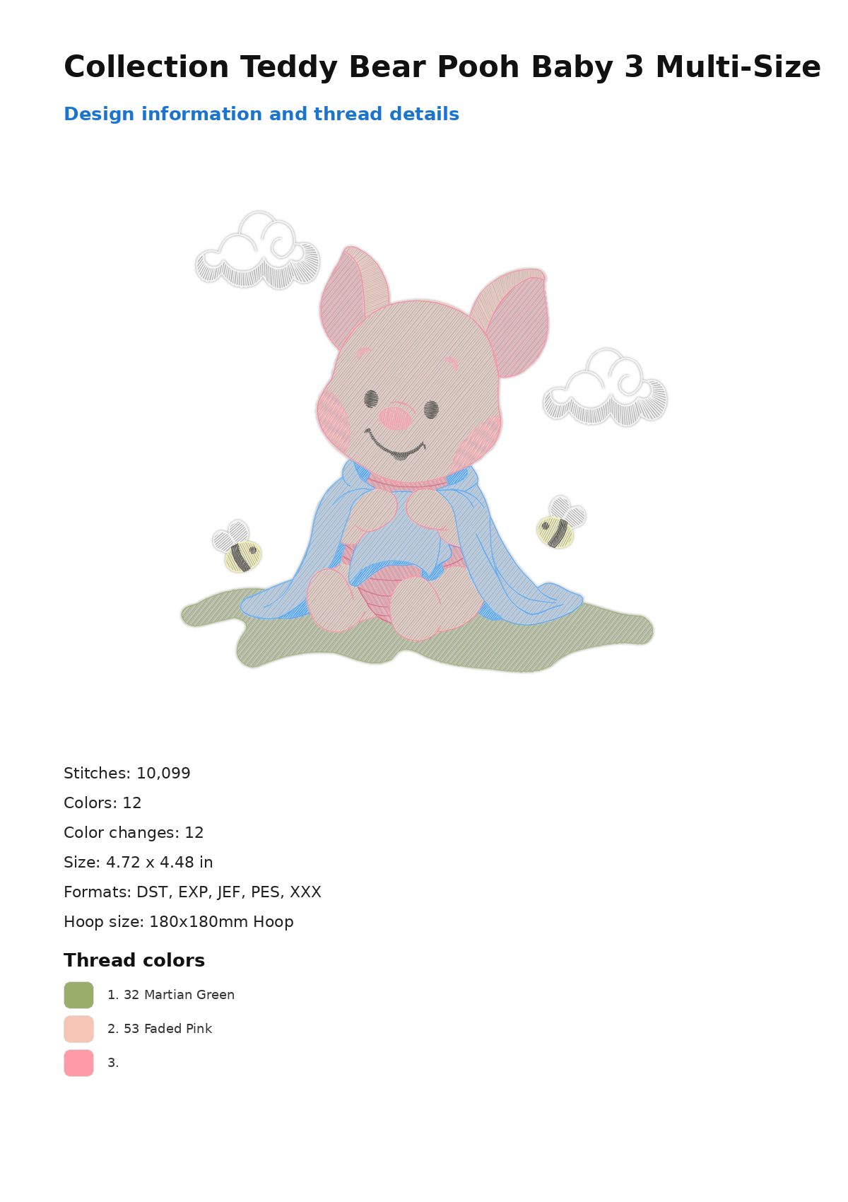 Collection Teddy Bear Pooh Baby 3 Multi-Size free machine embroidery design — 4.72×4.48 in — 10,099 stitches — 12 colors — DST, EXP, JEF, PES, XXX