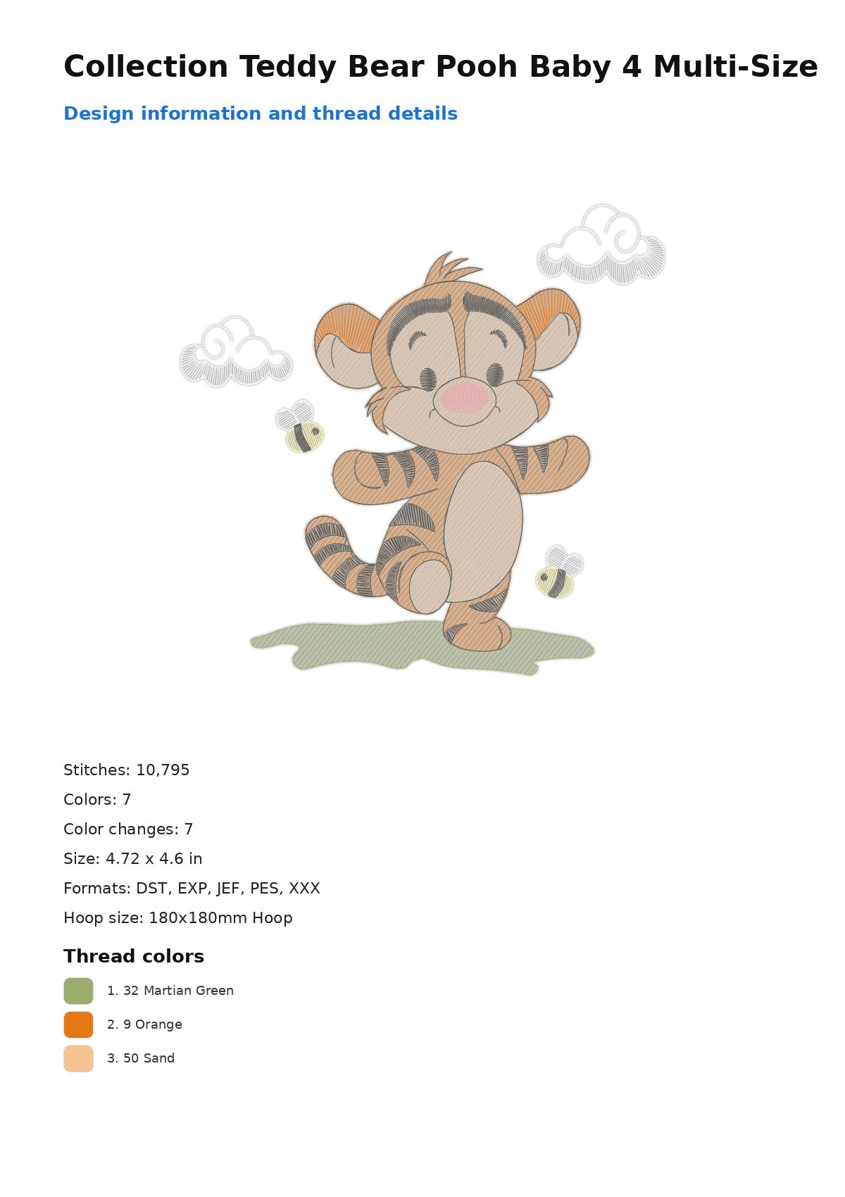 Collection Teddy Bear Pooh Baby 4 Multi-Size free machine embroidery design — 4.72×4.6 in — 10,795 stitches — 7 colors — DST, EXP, JEF, PES, XXX