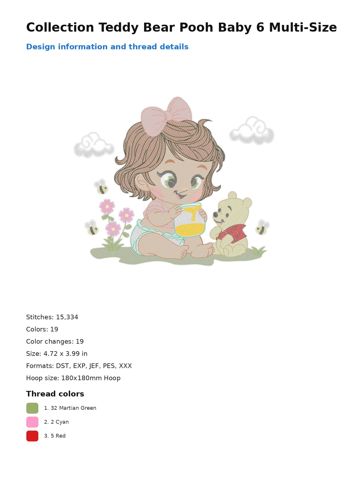 Collection Teddy Bear Pooh Baby 6 Multi-Size free machine embroidery design — 4.72×3.99 in — 15,334 stitches — 19 colors — DST, EXP, JEF, PES, XXX