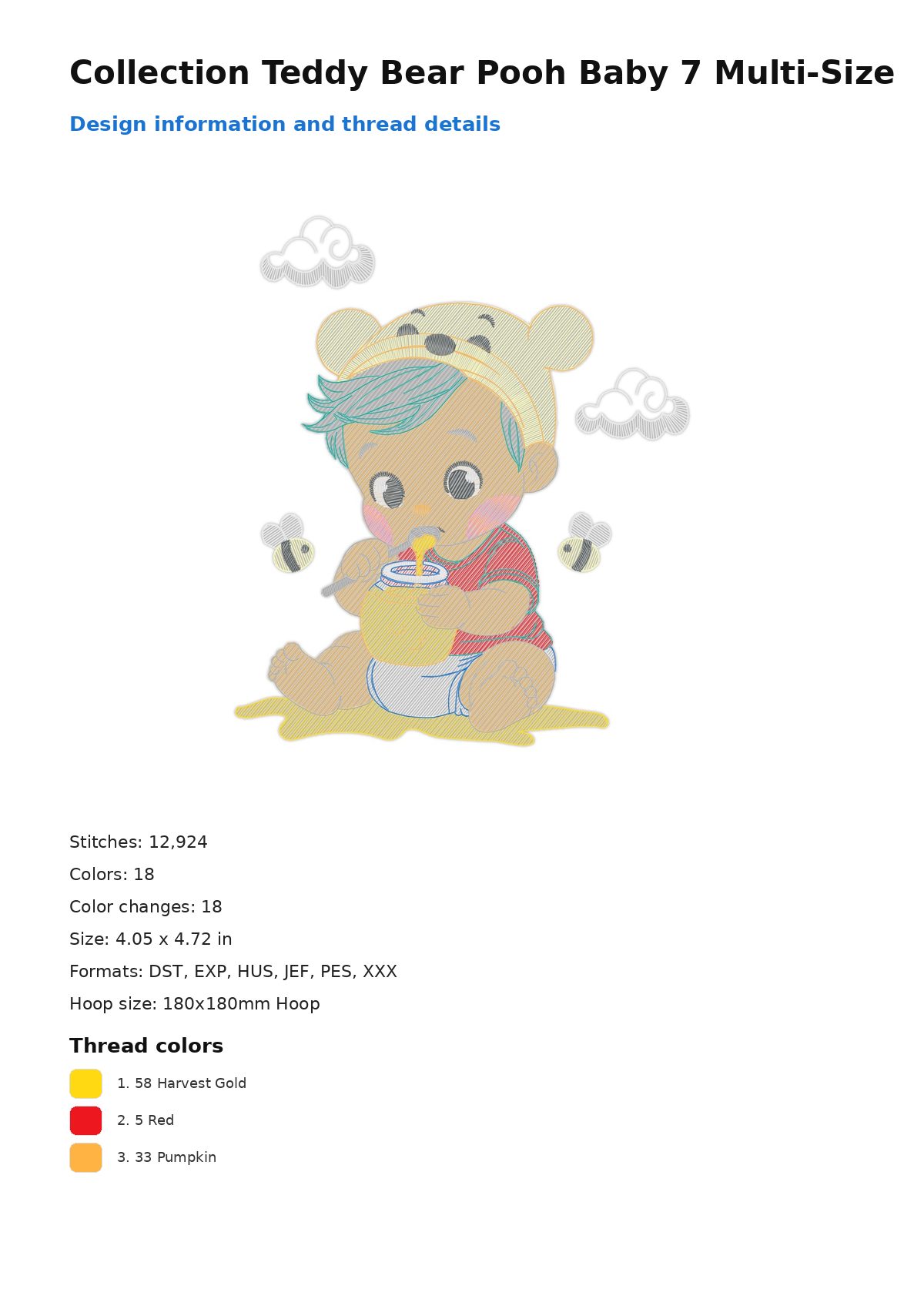 Collection Teddy Bear Pooh Baby 7 Multi-Size free machine embroidery design — 4.05×4.72 in — 12,924 stitches — 18 colors — DST, EXP, HUS, JEF, PES