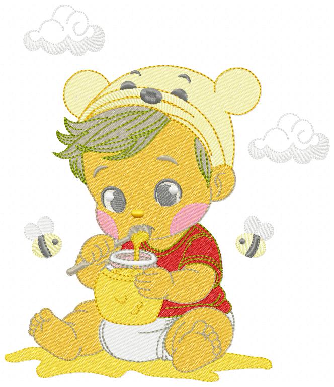Collection Teddy Bear Pooh Baby 7 Multi-Size free machine embroidery design — 4.05×4.72 in — 12,924 stitches — 18 colors — DST, EXP, HUS, JEF, PES