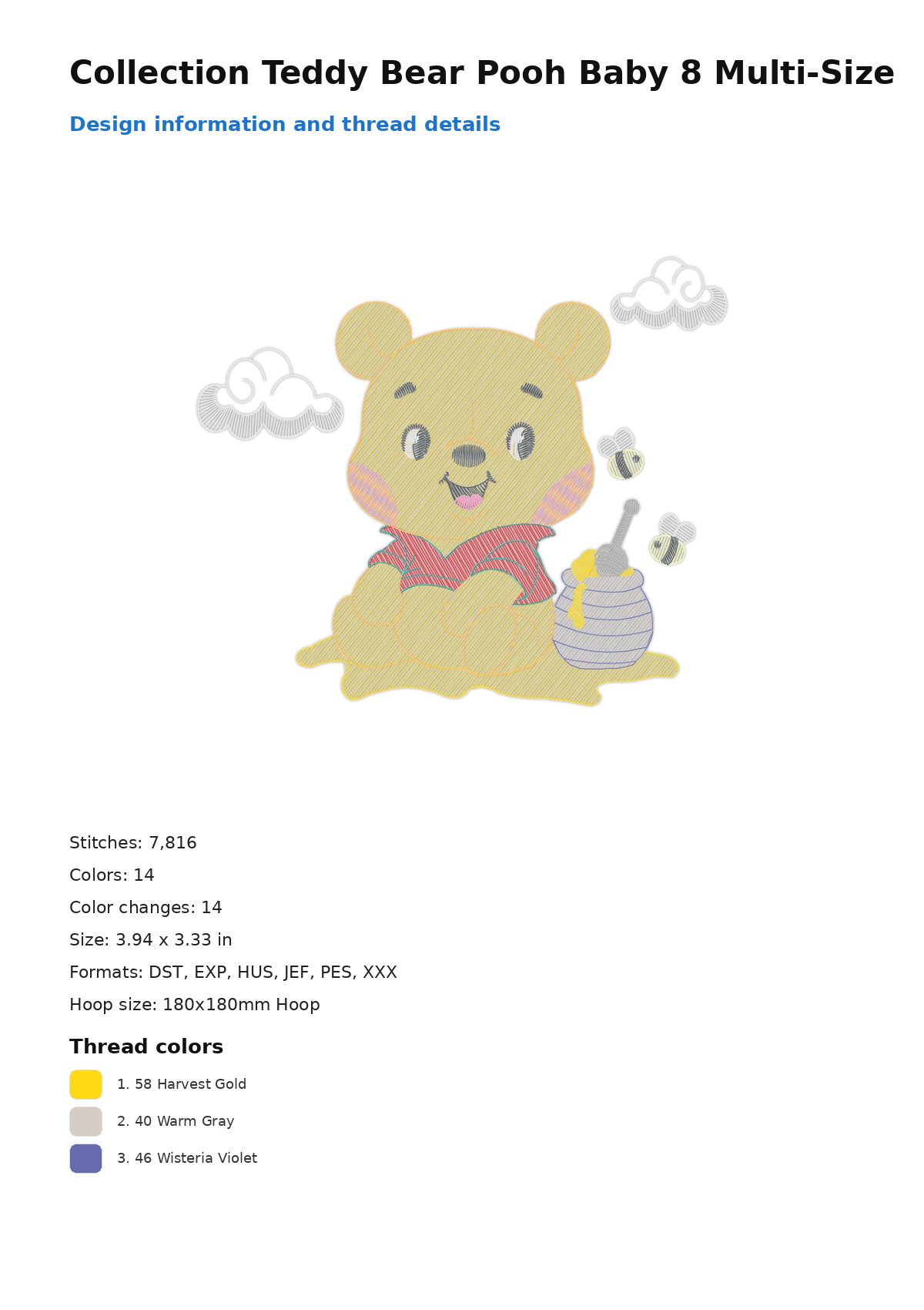 Collection Teddy Bear Pooh Baby 8 Multi-Size free machine embroidery design — 3.94×3.33 in — 7,816 stitches — 14 colors — DST, EXP, HUS, JEF, PES
