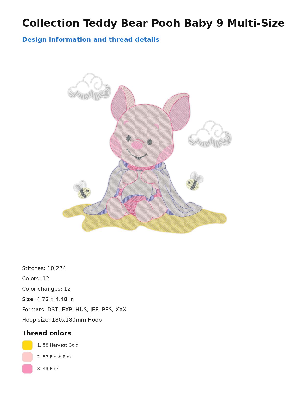 Collection Teddy Bear Pooh Baby 9 Multi-Size free machine embroidery design — 4.72×4.48 in — 10,274 stitches — 12 colors — DST, EXP, HUS, JEF, PES
