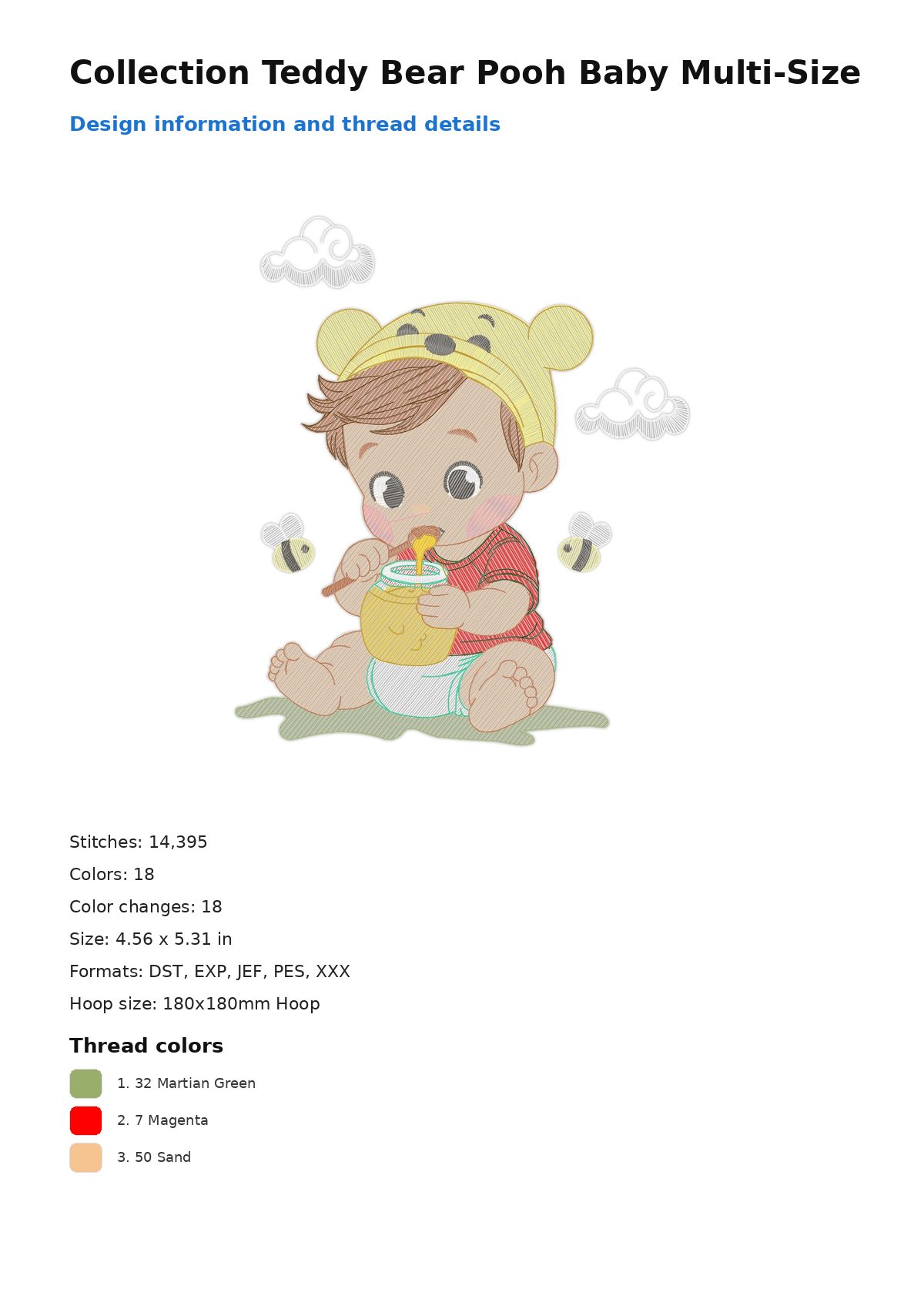 Collection Teddy Bear Pooh Baby Multi-Size free machine embroidery design — 4.56×5.31 in — 14,395 stitches — 18 colors — DST, EXP, JEF, PES, XXX