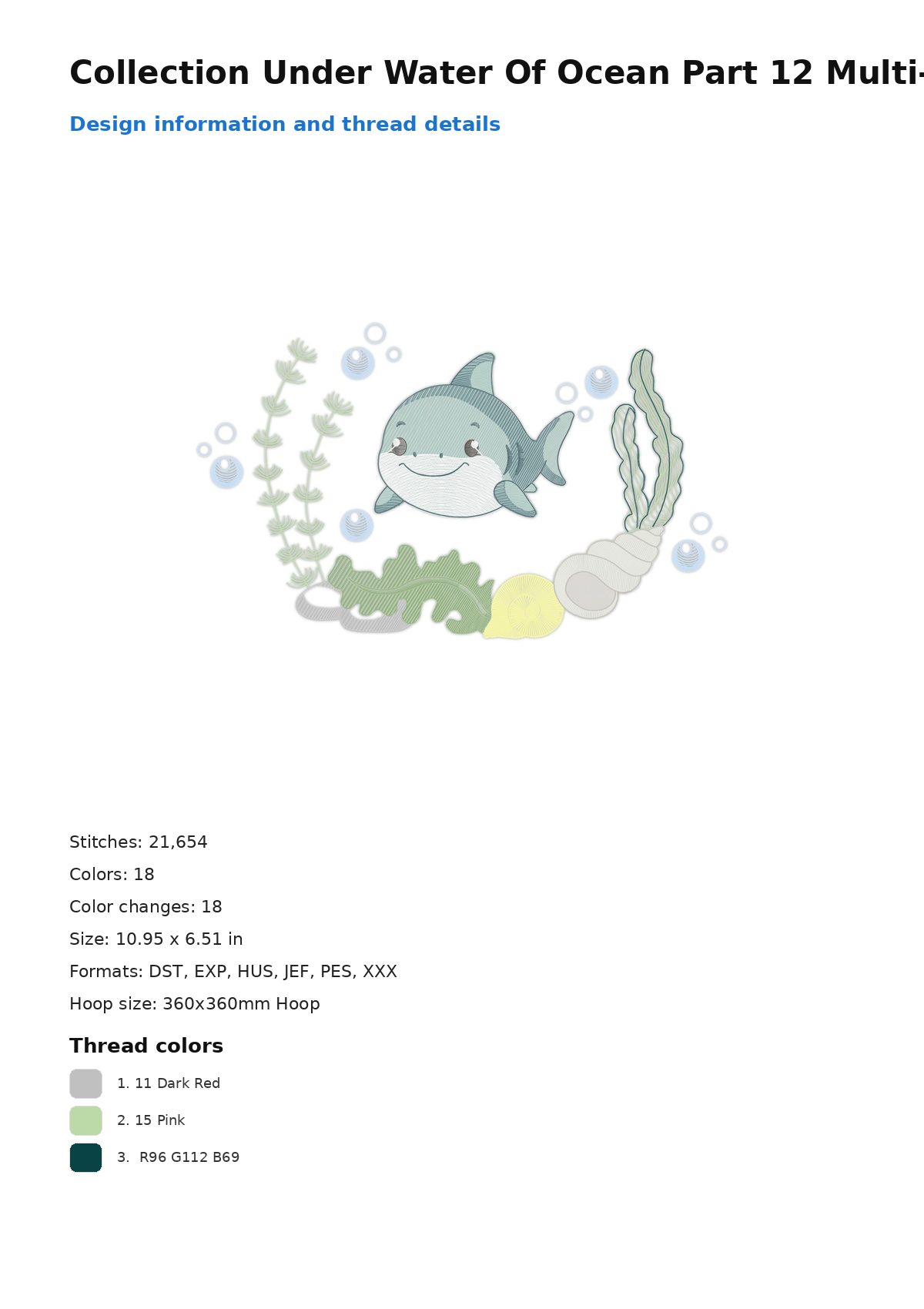 Collection Under Water Of Ocean Part 12 Multi-Size free machine embroidery design — 10.95×6.51 in — 21,654 stitches — 18 colors — DST, EXP, HUS, JEF, PES