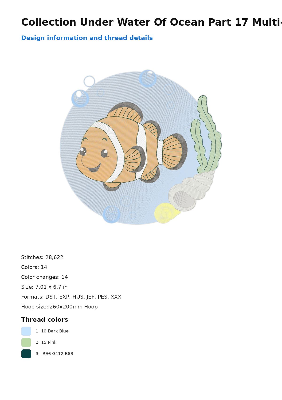 Collection Under Water Of Ocean Part 17 Multi-Size free machine embroidery design — 7.01×6.7 in — 28,622 stitches — 14 colors — DST, EXP, HUS, JEF, PES