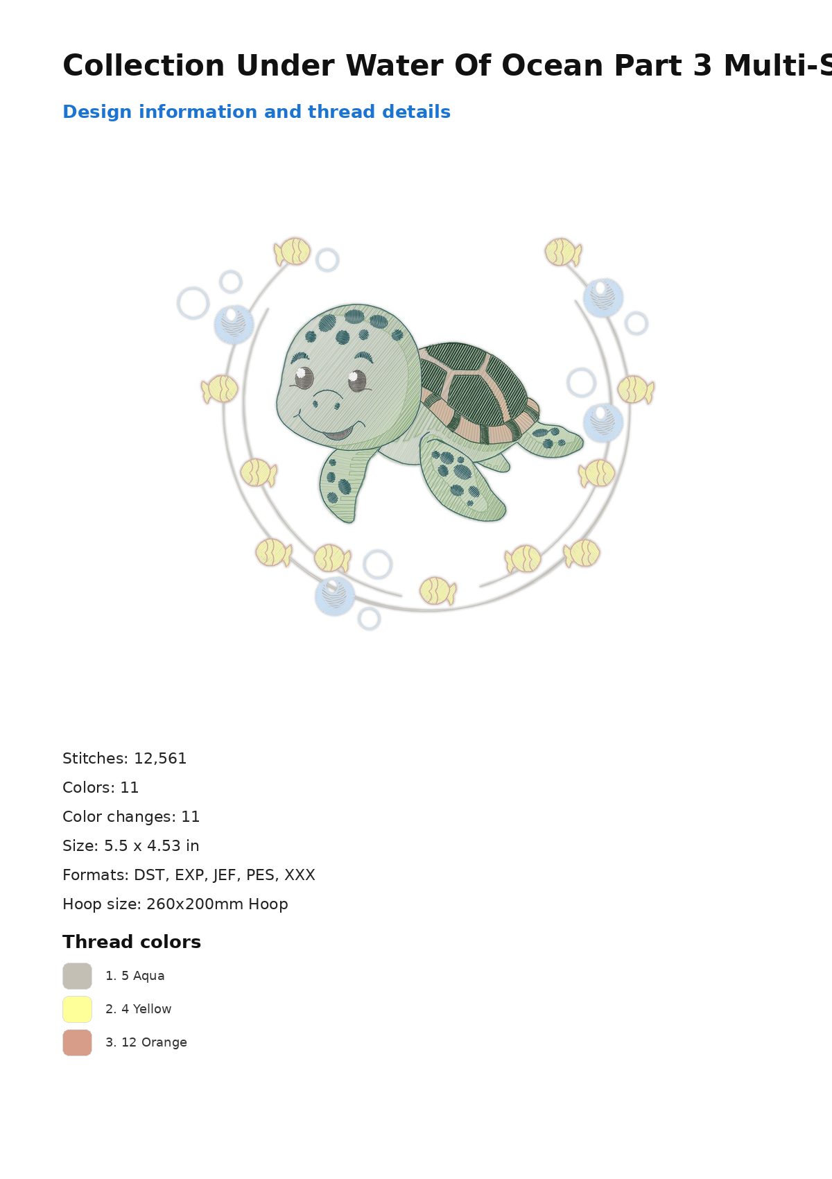 Collection Under Water Of Ocean Part 3 Multi-Size free machine embroidery design — 5.5×4.53 in — 12,561 stitches — 11 colors — DST, EXP, JEF, PES, XXX